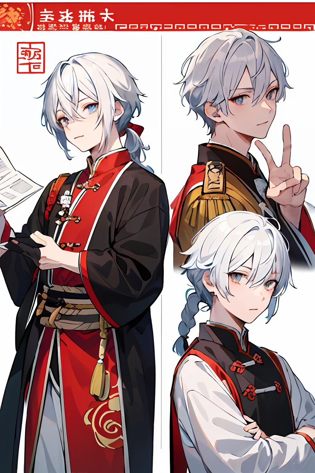 (Character design sheet, same character, front, side, back), illustration, 1 boy, hair color, bangs, hairstyle fax, eyes, environment change, hairstyle fax, pose kotai, white hair long hair boy, bunched hair high ponytail, braid, young general, Chinese antique costume, face wound, ribbon element, charturnbetalora