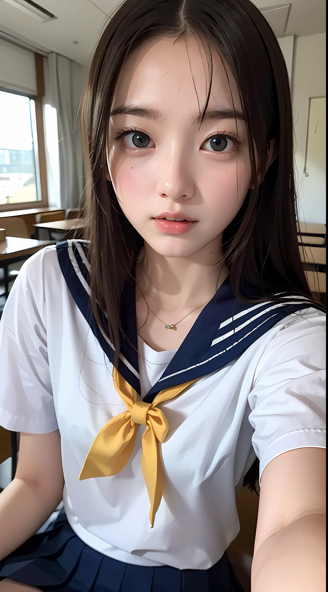 masterpiece, best quality, 8k, official art, raw photo, incredibly absurdres, beautiful girl, pretty face, (sitting, upper body, sailor uniform, serafuku,:1.2), school uniform, shirt, looking at viewer, close up, teen, classroom, bow tie, navy pleated skirt, ultra realistic, highres, photography, film grain, chromatic aberration, sharp focus, facelight, dynamic lighting, cinematic lighting, highest detailed, extreme detailed, ultra detailed, finely detail, extremely detailed eyes and face