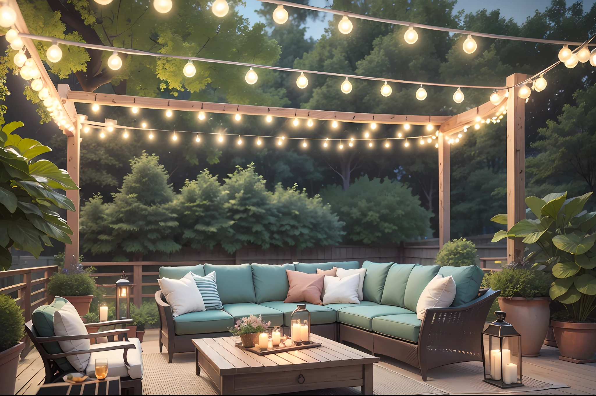 Generate an elegant outdoor patio setting with a pergola, comfortable seating, and hanging fairy lights. --auto --s2