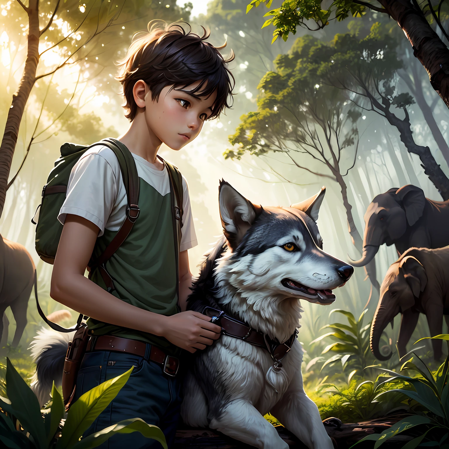 Boy with a backpack and a dog in a jungle with elephants, by Rudy Siswanto, wojtek fus, inspired by Rudy Siswanto, hyper realistic adventure render, Ross Tran and Michael Whelan, children's art in Artstation, Cyril Rolando and Goro Fujita, art in the style of Guweiz, James Gurney and Andreas Rocha, hidden in a cave