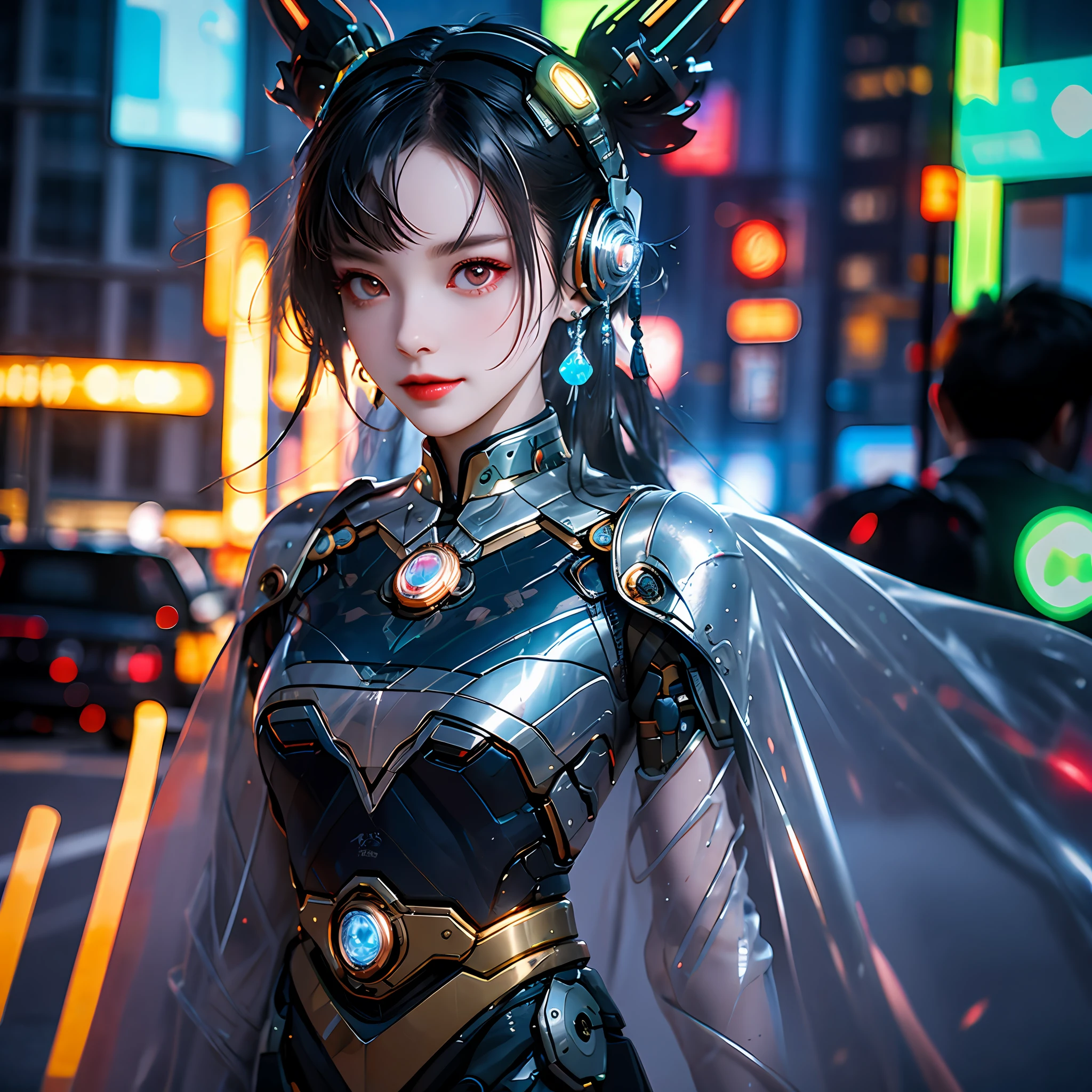 Best quality, high quality, cyberpunk, city, cityscape, moon in background, big moon in the back, moon, 1 girl, Chinese_clothes, liquid silver metallic and rainbow, cyberhan, cheongsam, cyberpunk city, dynamic pose, detailed luminous headphones, luminous hair accessories, long hair, glowing earrings, glowing necklace, cyberpunk, high-tech city, full of mechanical and futuristic elements, futurism, technology, glowing neon signs, rainbow colors, rainbow color light, sexy skirt, Translucent black cape, laser light, digital background city sky, big moon, with vehicle, best quality, masterpiece, 8K, character edge light, super high detail, high quality, the most beautiful woman in human beings, smile, face facing forward, ear corner decoration, long antenna glow, beautiful pupils, light effects, visual data, silver iridescent hair dye, ultra-detailed facial texture, happy and proud, weapon system, crowded street passers-by, mecha style, glowing antenna on the head, deep eyes, far away, details of the whole city, candy color neon color, rainbow lights, only one character, the picture has only one protagonist