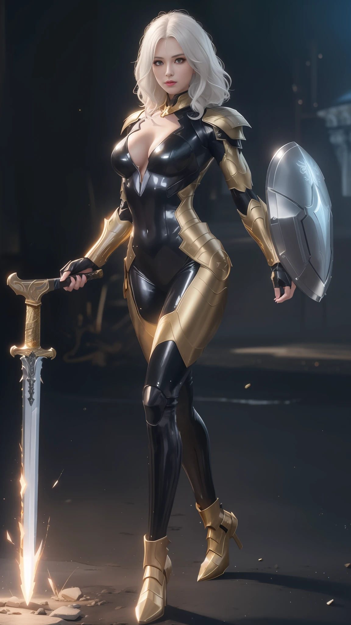 A woman in a black and gold outfit holding a sword - SeaArt AI
