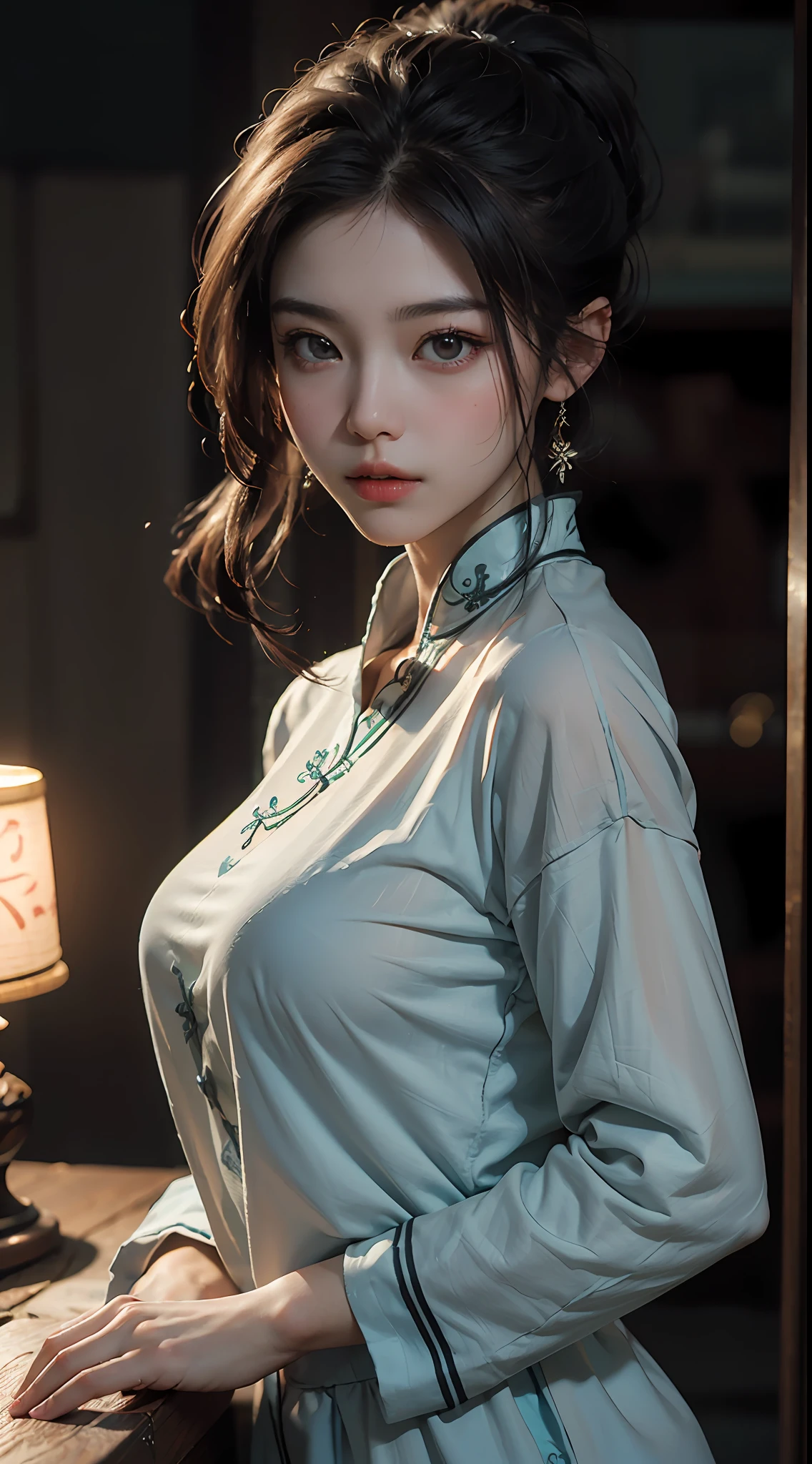 Best Quality, (RAW Photos: 1.2), (Masterpiece: 1.4), (Realistic: 1.4), (High Resolution: 1.4), Chinese Actress Gulinazha, Depth of field, Intricate Details, 8k, Very Detailed, Perfect Lighting, Epic Background, Big Bust 1.3, Erotic Pajamas 1.3