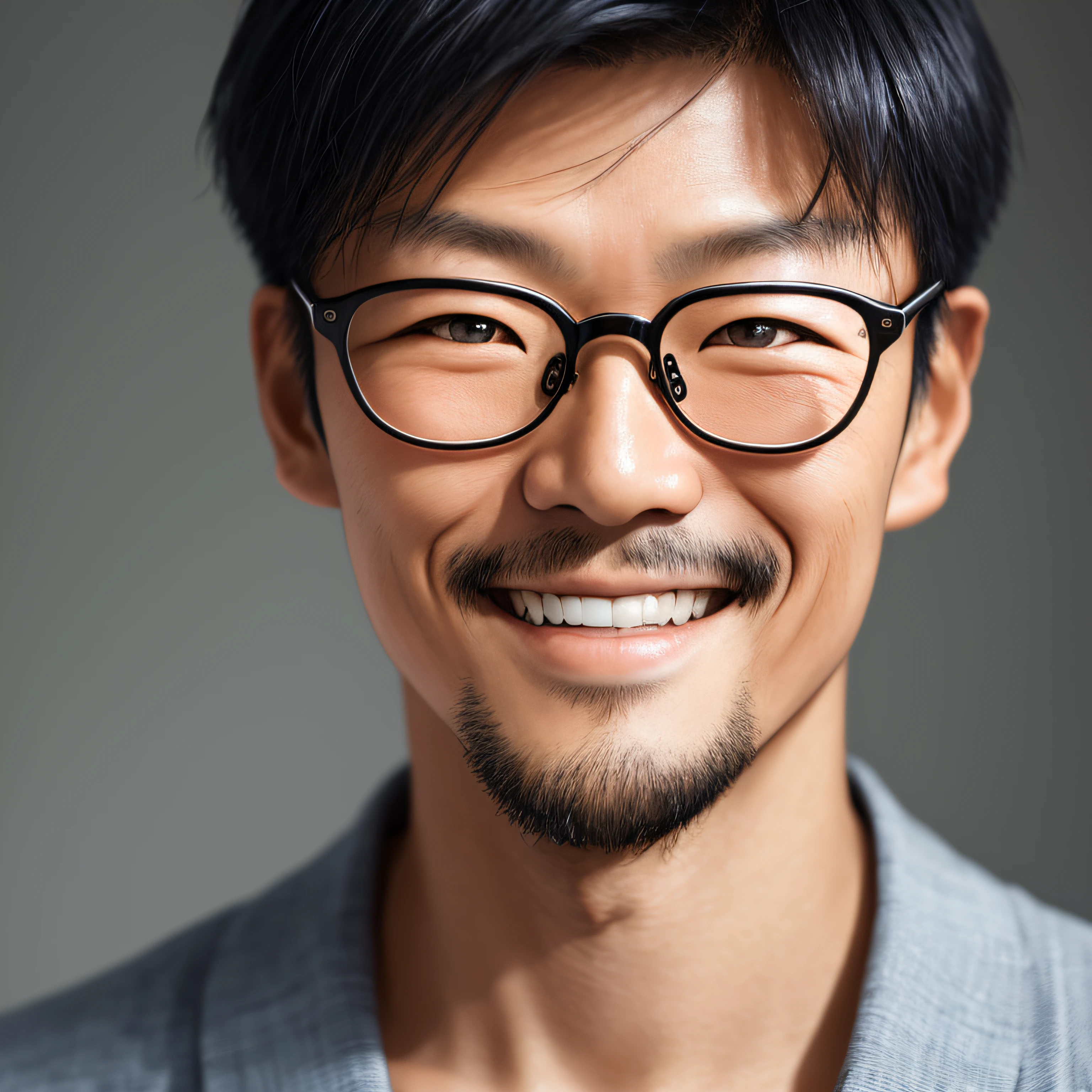 photo of a Japanese man's face wearing glasses, smiling, zoom in, portrait of an adult male photograph, Japanese man, smooth face, studio photography, full frame, close-up portrait, photography, male model, 40s, (skin texture), skin pores, shallow depth of field, focus sharp eyed, smooth face without beard --auto