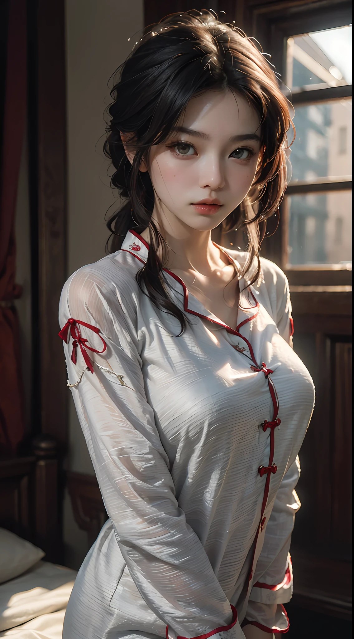 Best Quality, (RAW Photos: 1.2), (Masterpiece: 1.4), (Realistic: 1.4), (High Resolution: 1.4), Chinese Actress Gulinazha, Depth of field, Intricate Details, 8k, Very Detailed, Perfect Lighting, Epic Background, Big Bust 1.3, Erotic Pajamas 1.3