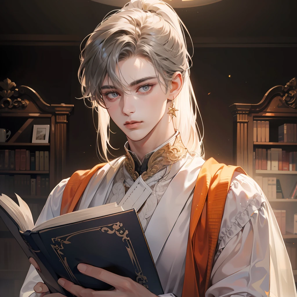 Man in white tulle multilayered, (holding a glass of book), ponytail, gray eyeballs, textured details, glowing skin, looking at the camera, looking at the audience, heads-up lens, light orange solid background, backlight, 8k, super detail, masterpiece, best quality