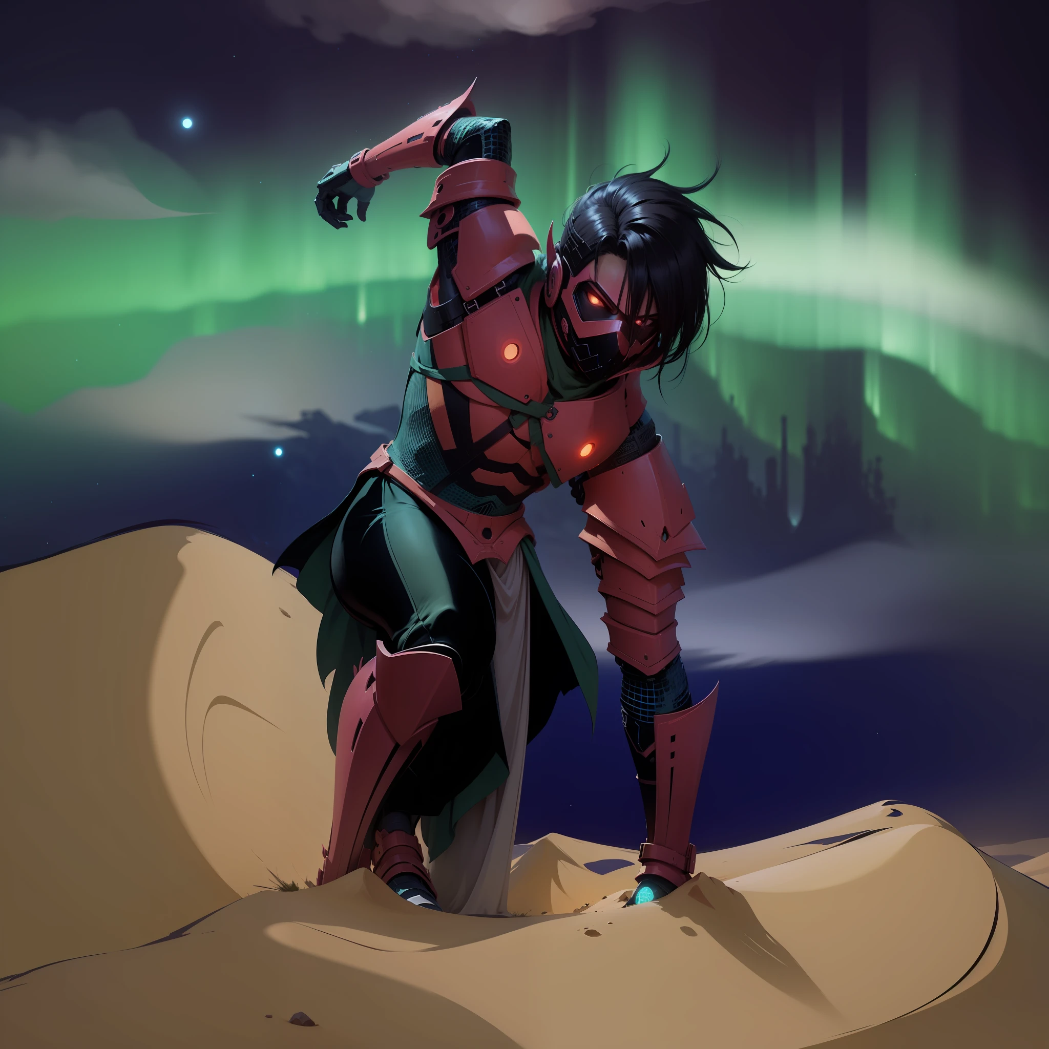 anime - style illustration of a giant with armor and helmet in a desert environment at night with an aurora borealis, villain colorful pose city lighting, stylized comic art, inspired by Sebastian Vrancx, inspired by miles johnston, stylized urban fantasy art, inspired by Jens Ferdinand Willumsen, gurenn lagann, raziel irl, colorful epic illustration,  inspired by Victor Mosquera, official fanart