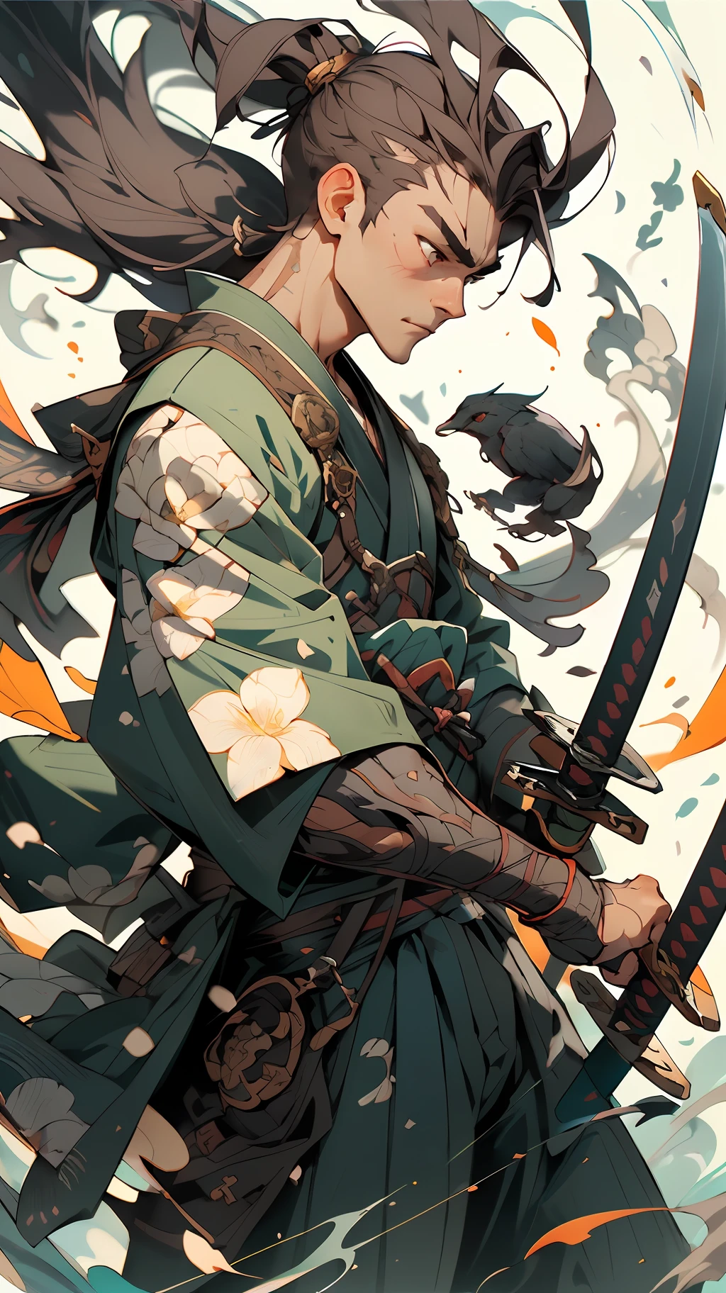 (close-up:1.1),upper body,weapon, 1boy, male focus, sword, solo, japanese clothes, holding, holding weapon, katana, holding sword, sheath, , , long sleeves, , haori, , hakama, kimono, sheathed,,
Architectural background
,,