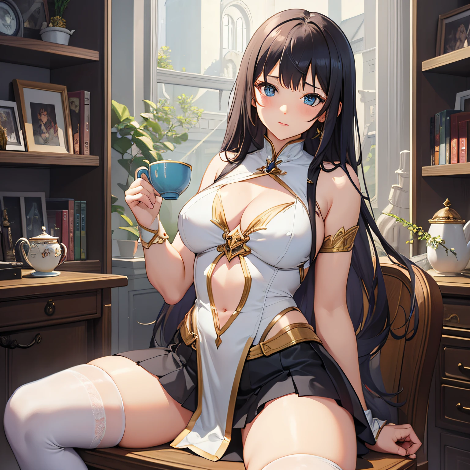 Girl. A world of swords and sorcery. Sitting on a chair, drinking tea on the desk. White underwear. The bangs are cut in a straight line to the side. Miniskirt. Opening the crotch. Knee-high socks. Big tits.