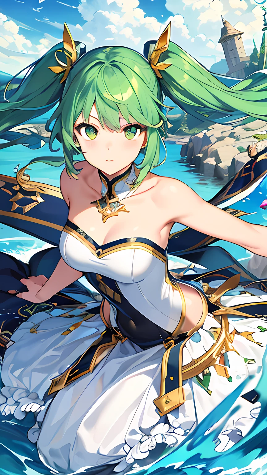(((masterpiece))),(((bestquality))),((ultra-detailed)),(illustration),((anextremelydelicateandbeautiful)),dynamicangle,floating,(beautifuldetailedeyes),(detailedlight) (1girl), solo , floating_hair,glowingeyes,green hair,greeneyes, twintails, halterdress, atdan, 绿色背景,