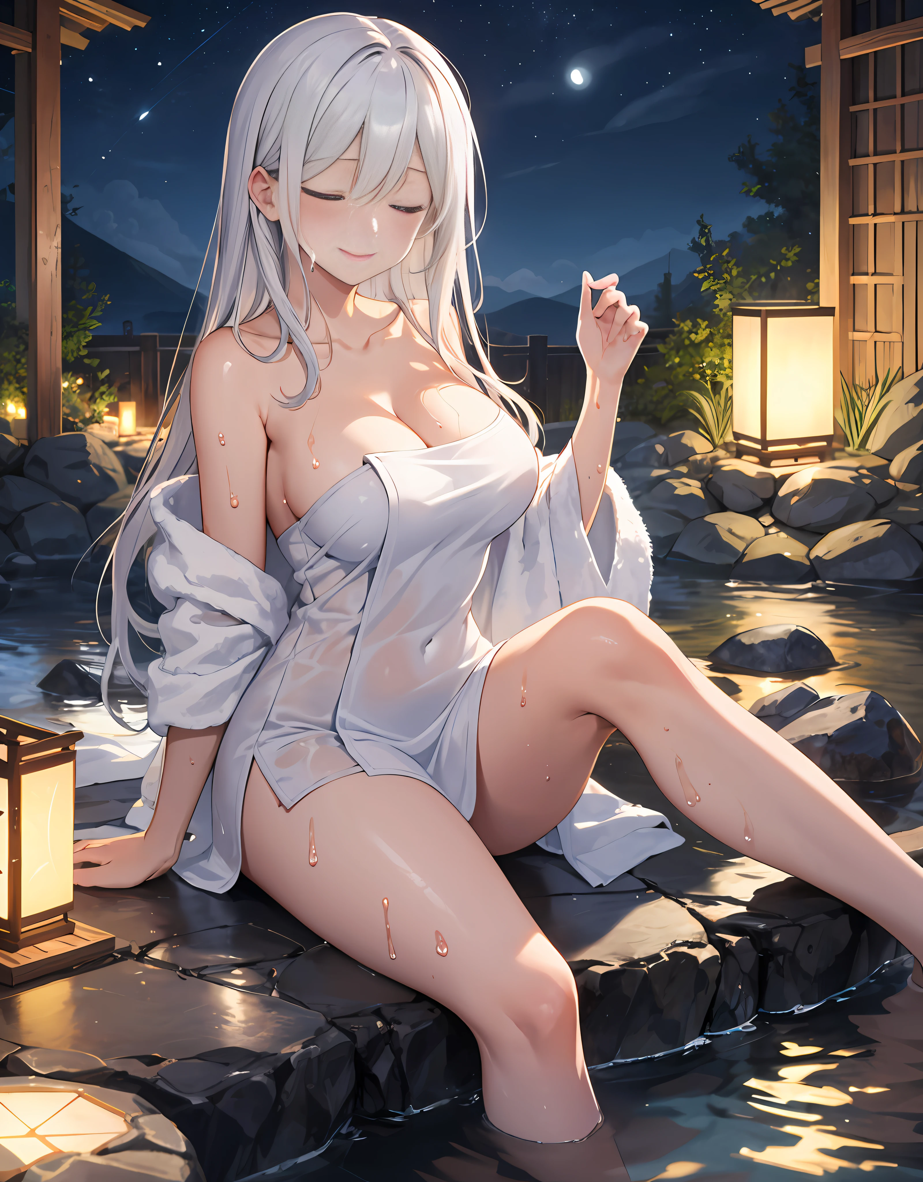 naked towel, 1girl, breasts, towel, large breasts, looking at viewer, solo, onsen, cleavage, wet, sitting, water, smile, collarbone, thighs, bathing, outdoors, rock, sky, nightsky, lantern, closed eyes, long hair, white hair