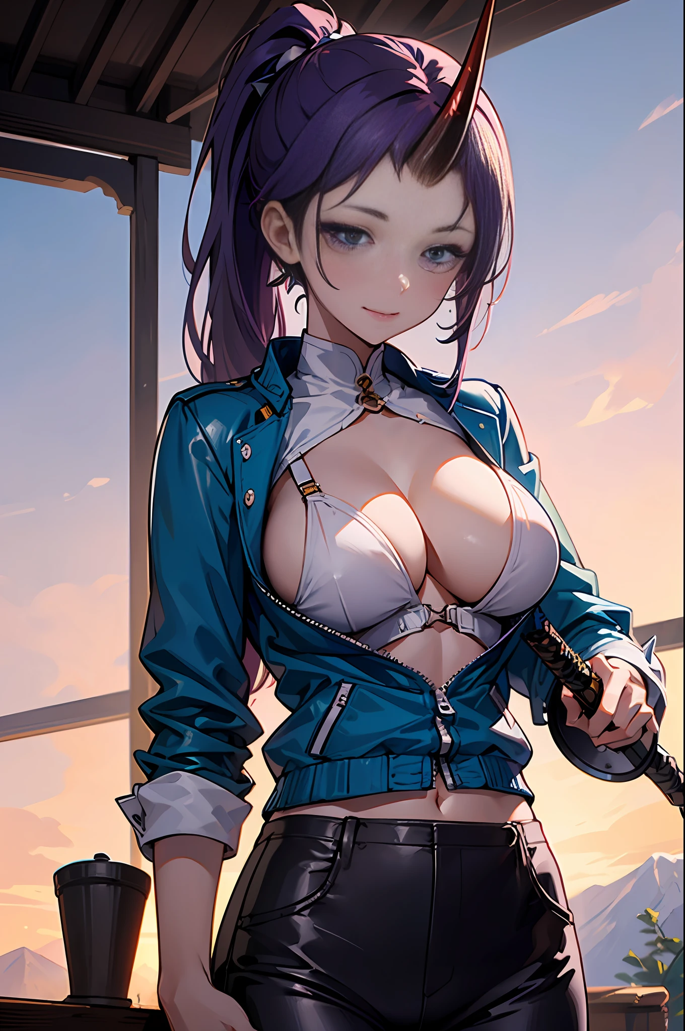 master-piece, hyper quality, hyper detailed, perfect drawing, CG, 3D, 8k, illustration, solo, beauty, purple-haired ponytail, ((only one horn grows from the middle of the forehead))), height 190cm, bountiful breasts, L cup bust 108cm, ((purple leather pantsuit))), (( The upper body is naked and wears only a jacket with only one button)), ((no bra))), skinny pants (low-rise pants), (holding an ultra super big sword in his hand: 1.5), cute smile, round big buttocks, cleavage, fluffy chest, isekai fantasy, townscape similar to medieval Europe, cobblestones, castle on a distant mountain, beautiful background, natural light, high-resolution, shooting from the front obliquely below, professional camera,