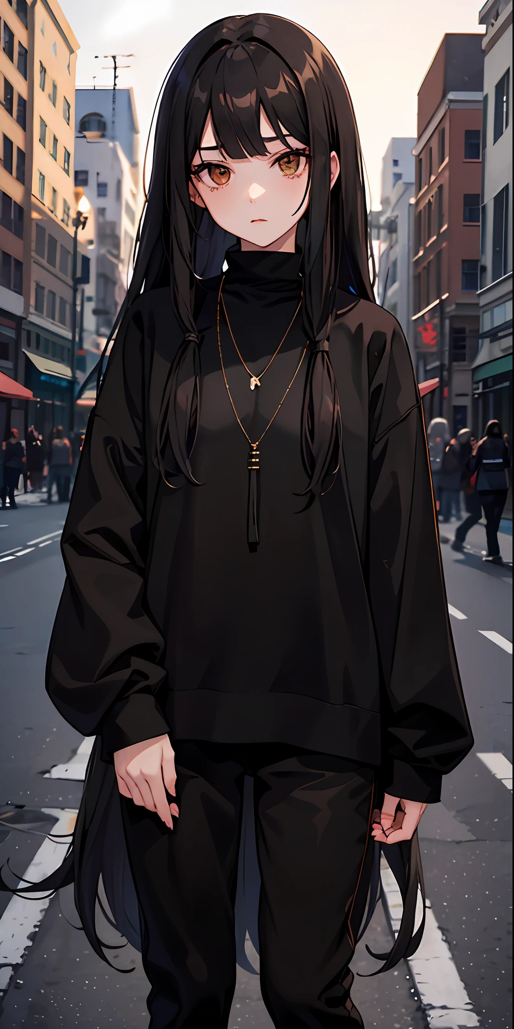 Anime style girl, brown eyes, goth with long straight black hair with smooth bangs on the forehead, black makeup with black lips, wearing a sweatshirt with the color green with a black necklace wrapped around the neck, black pants, high quality, good resolution, background is a city of night