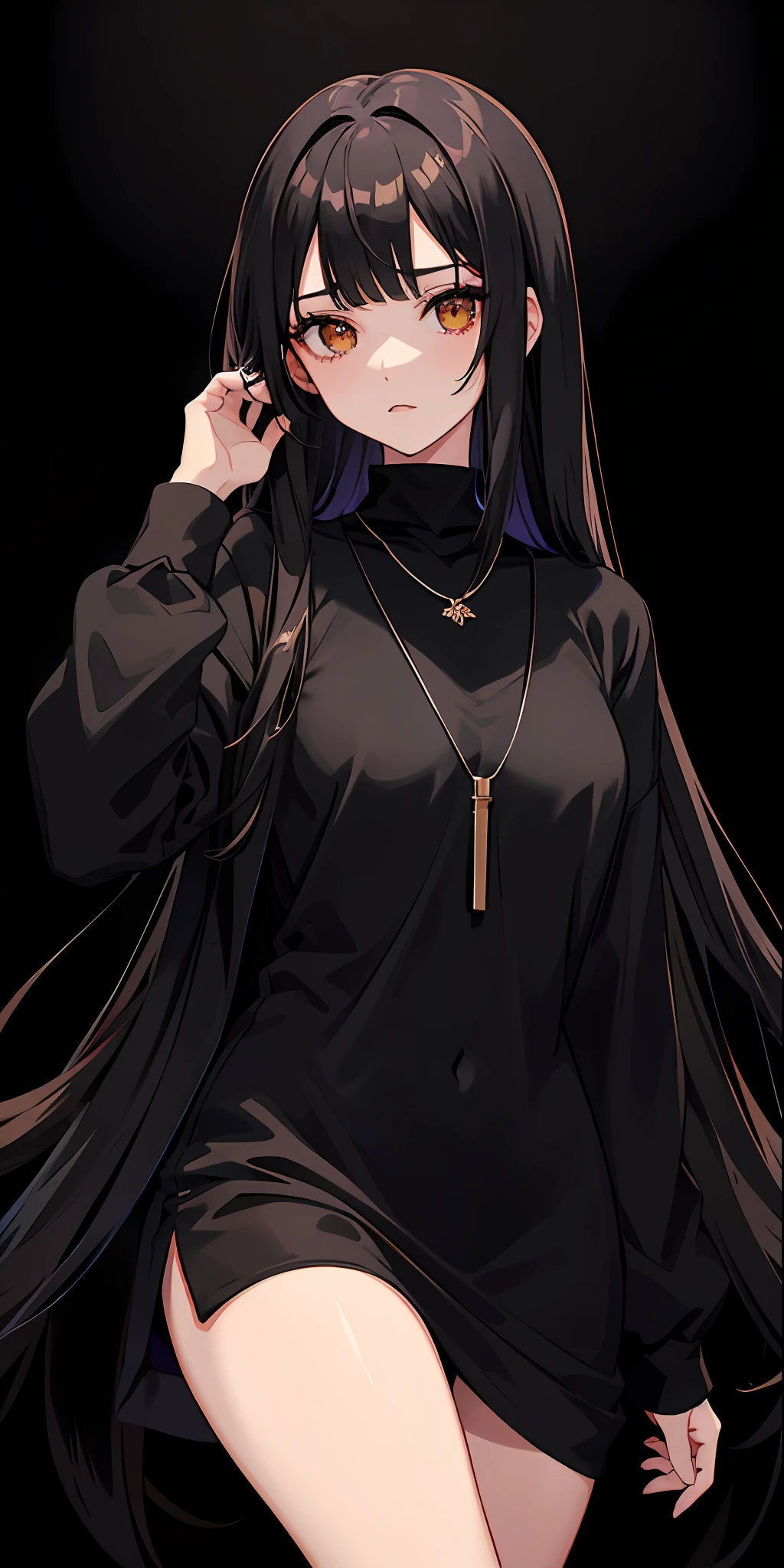 Anime style girl, brown eyes, goth with long straight black hair with smooth bangs on the forehead, black makeup with black lips, wearing a sweatshirt with the color green with a black necklace wrapped around the neck, black pants, high quality, good resolution, background is a city of night