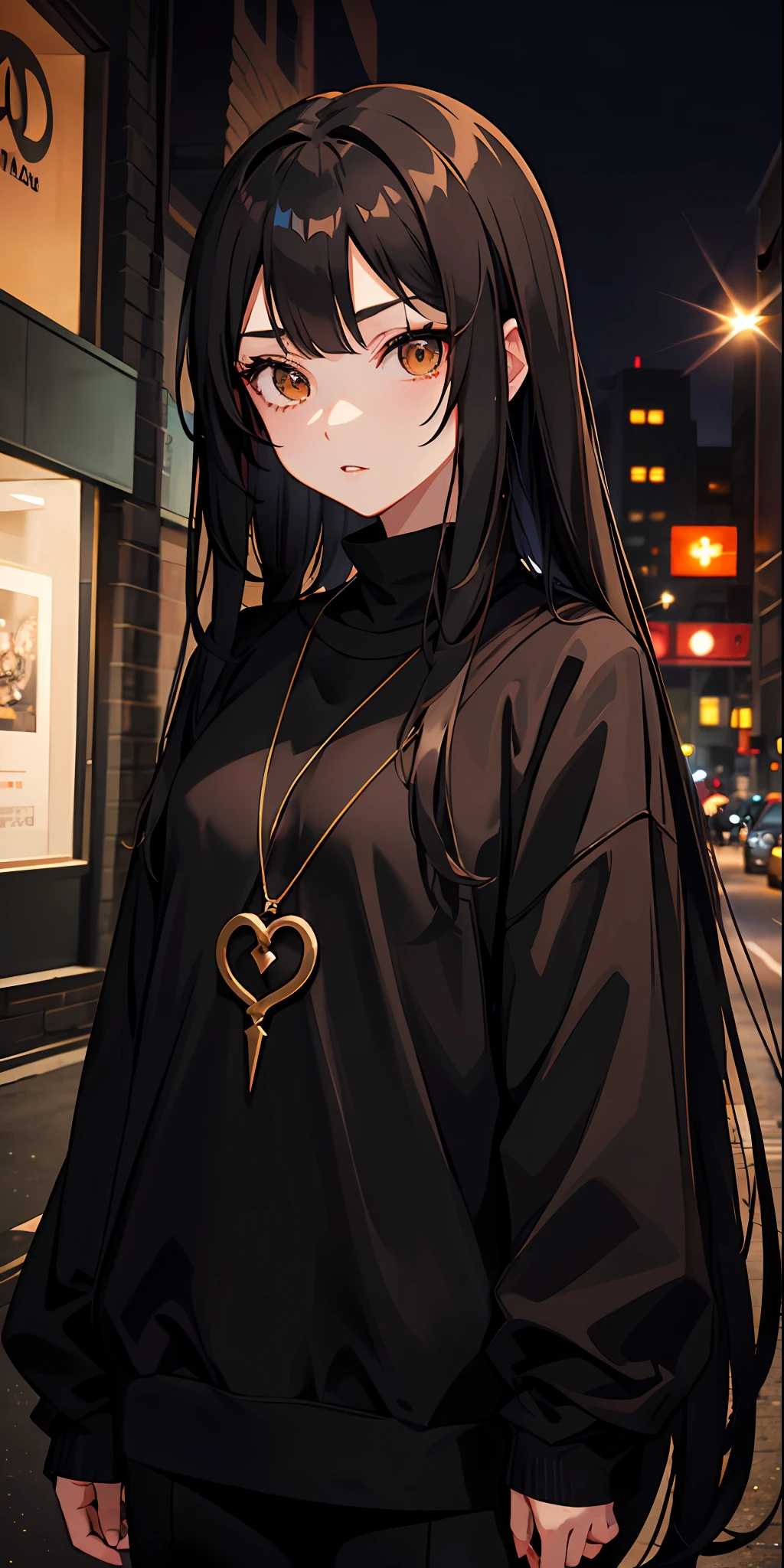 Anime style girl, brown eyes, goth with long straight black hair with smooth bangs on the forehead, black makeup with black lips, wearing a sweatshirt with the color green with a black necklace wrapped around the neck, black pants, high quality, good resolution, background is a city of night
