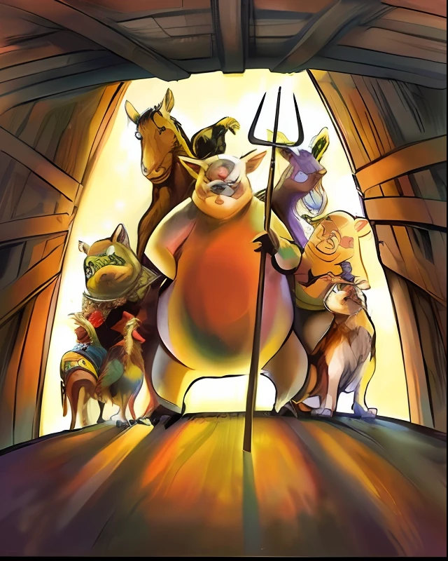 a painting of a group of animals standing in a farm entrance, production art, color illustration, animated film still, Todd Schorr, Chuck Jones, [Greg Rutkowski], promotional art, angus mckie, busytown, by Peggy Bacon, by Tony Szczudlo, still a cartoon film, by Ron Walotsky, by Randy Gallegos --auto