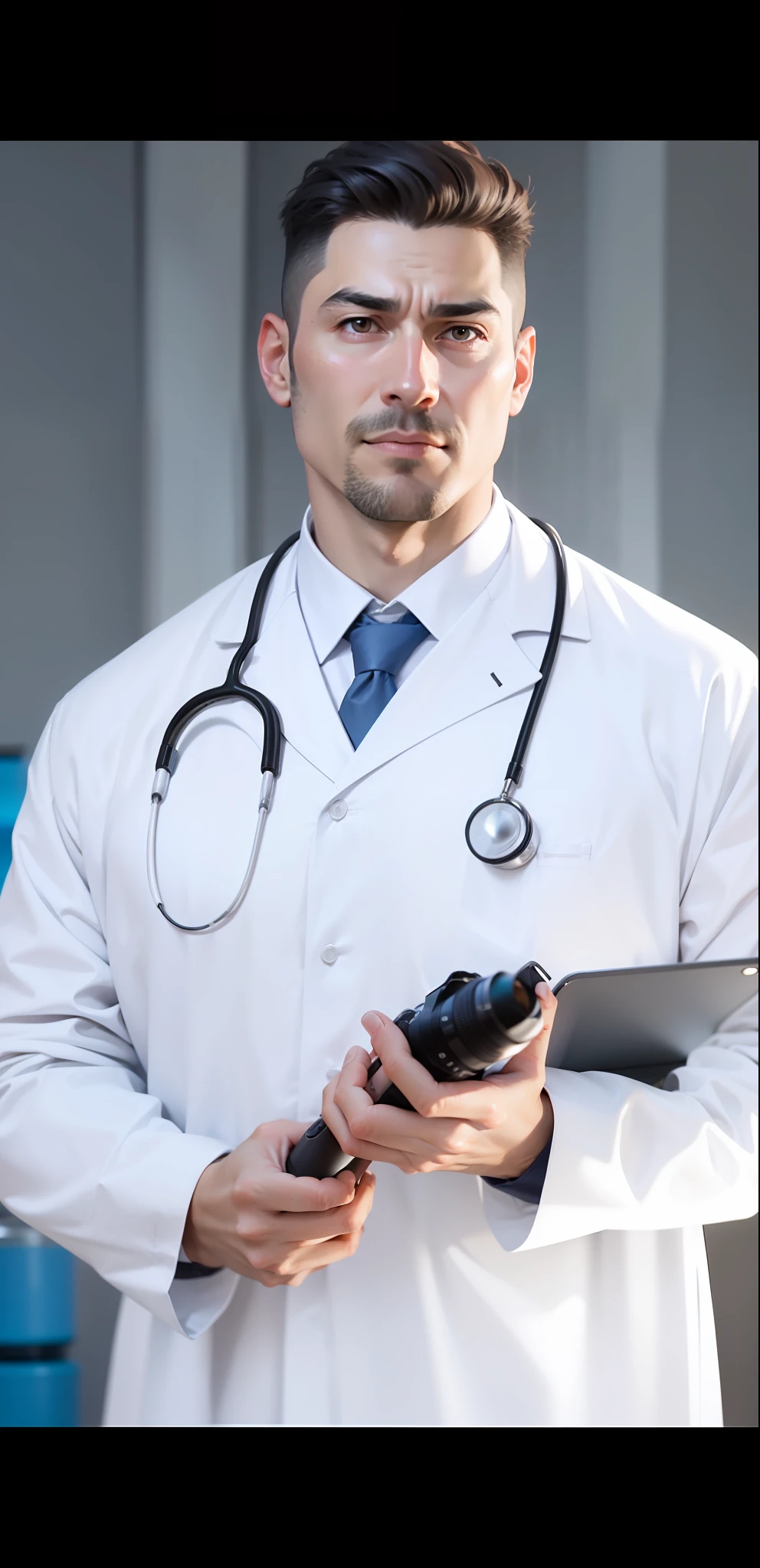 Hyper realistic doctor in lab coat looking at canera lens
