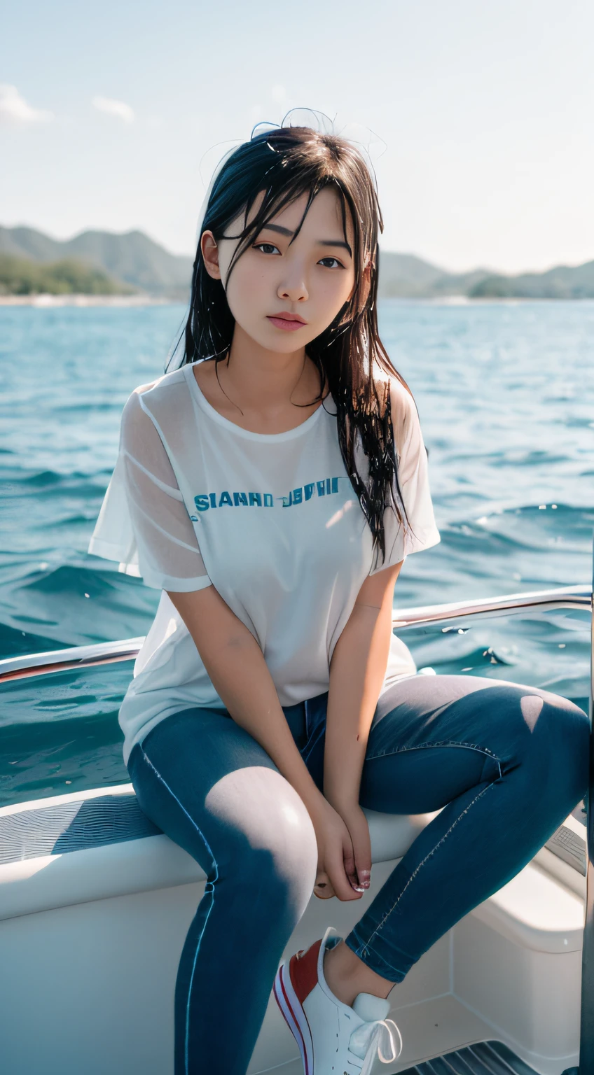 A long-haired Asian girl in a soaked T-shirt, blue skinny jeans and sneakers sits on the boat