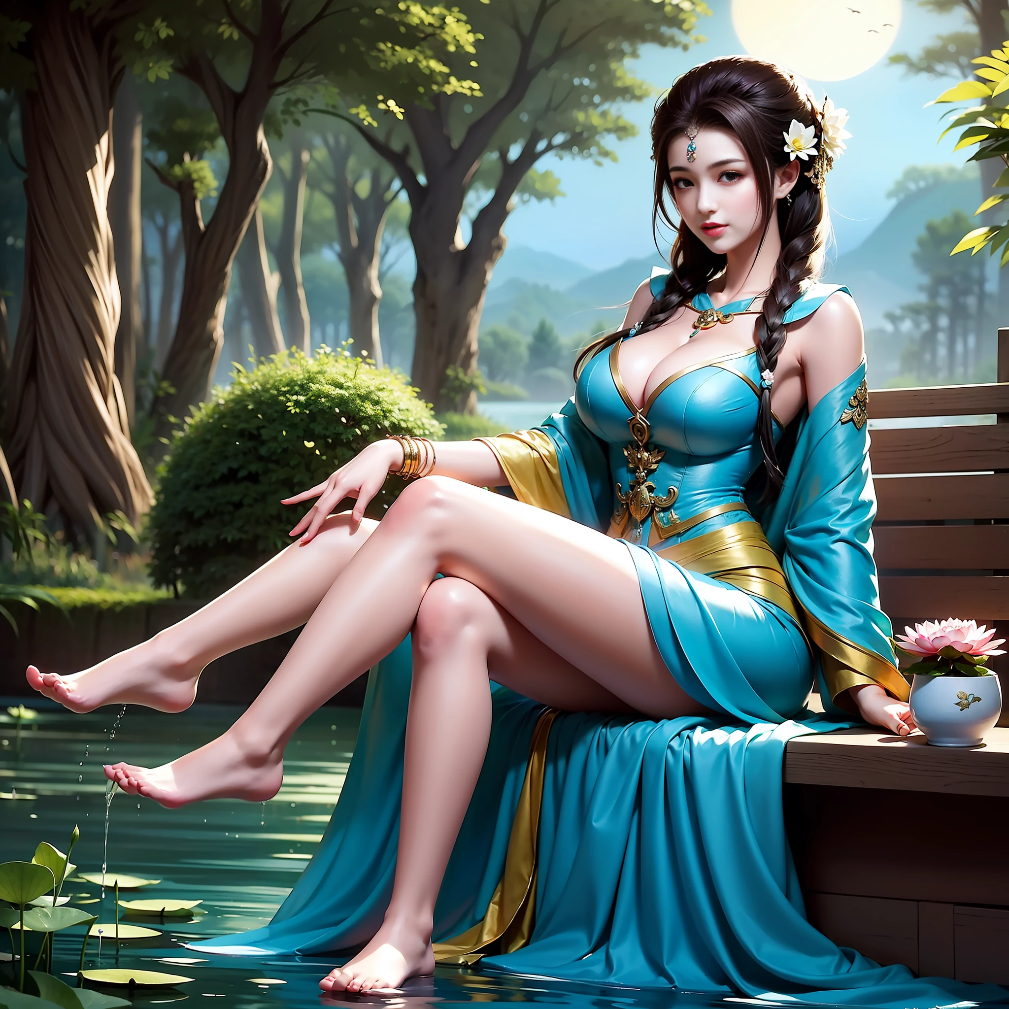 Sitting by a lake full of lotus flowers, feet playing in the water, the art depicts a charming woman with a melon face, dressed in a flowing, silky traditional oriental dress, long, aqua blue, decorated with intricate patterns and bright colors. Her dress drapes elegantly over her curvy figure, accentuating her seductive silhouette. She sits gracefully by the tranquil lotus lake, her feet playing in the water, bathed in the soft glow of the moonlight. The scene exudes an ethereal and dreamy atmosphere, with a touch of mystery and sexiness. The graphic style blends watercolor and digital illustration techniques to evoke a refined beauty and charm. The lights are filled with soft moonlight, casting soft highlights and shadows on her charming features. Bare thighs, big breasts, three-dimensional facial features, sitting, upturned legs, side braids