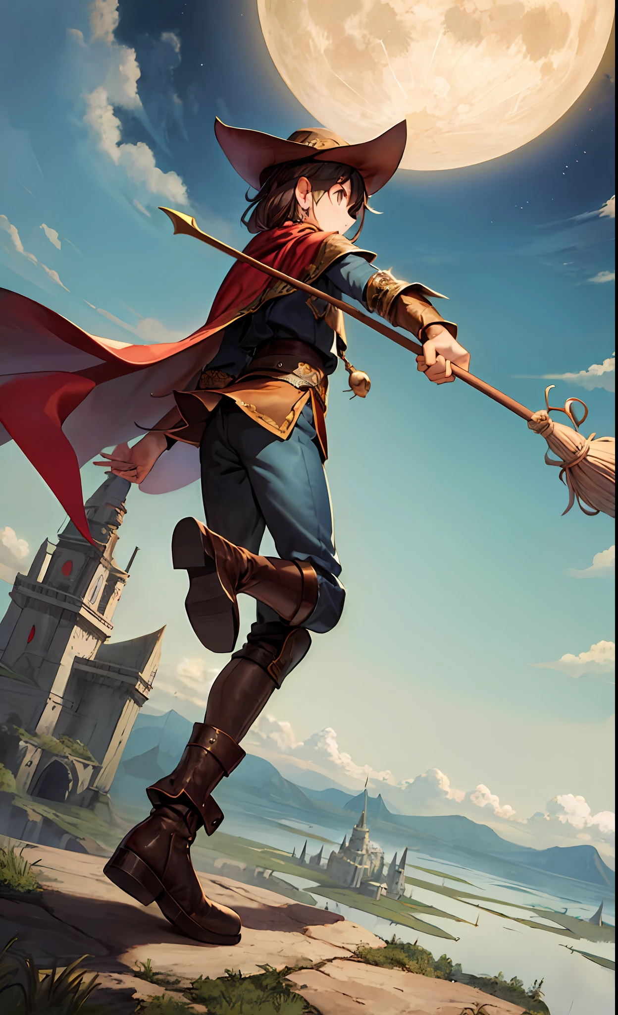 masterpiece, best quality, ultra-detailed, illustration, 1boy, solo, fantasy, flight, broom, night sky, outdoors, magic, spells, moon, stars, clouds, wind, hair, cape, hat, boots, broomstick, shining, mysterious, charming, whimsical, playful, adventurer, freedom, wonder, imagination, determination, skill, speed, movement, energy, realism, naturalistic, figurative, representational, beauty, fantasy culture, mythology, fairy tales, folklore, legends, wizards, wizards, magical creatures, fantasy worlds, composition, scale, foreground, middle ground, background, perspective, light, color, texture, detail, beauty, wonder.