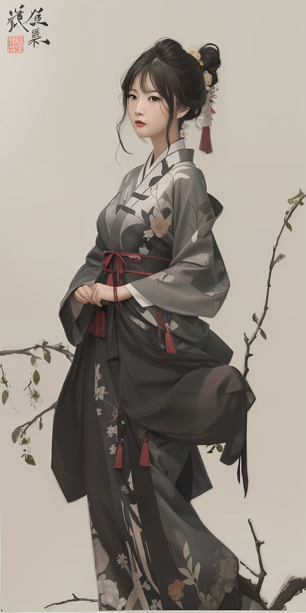 Araved woman in kimono skirt standing in front of a tree, beautiful figure painting, Yang J, Zhou Fang, Guwiz style artwork, palace, girl in Hanfu, Guwiz on pixiv art station, Zeng Jing, Gu Viz, Dong Yuan, Gu Viz in Pisiv Art Station, Chinese painting style