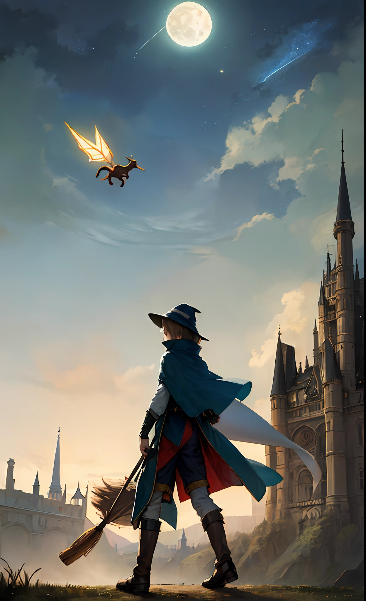 masterpiece, best quality, ultra-detailed, illustration, 1boy, solo, fantasy, flight, broom, night sky, outdoors, magic, spells, moon, stars, clouds, wind, hair, cape, hat, boots, broomstick, shining, mysterious, charming, whimsical, playful, adventurer, freedom, wonder, imagination, determination, skill, speed, movement, energy, realism, naturalistic, figurative, representational, beauty, fantasy culture, mythology, fairy tales, folklore, legends, wizards, wizards, magical creatures, fantasy worlds, composition, scale, foreground, middle ground, background, perspective, light, color, texture, detail, beauty, wonder.