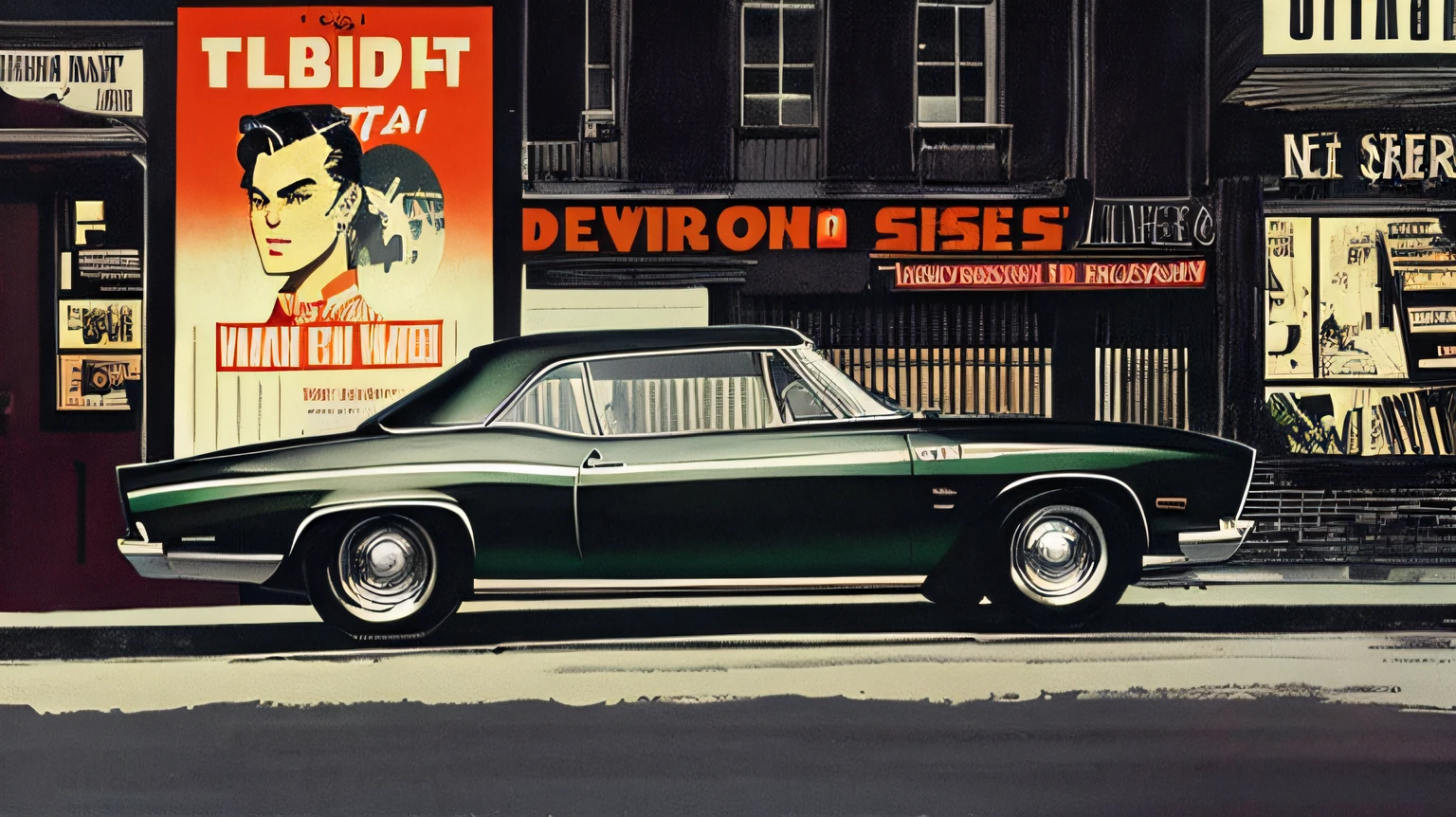 automotive magazine cover, text headlines, a dazzling scene, ferrari portrait (stylized 1940s luxury, highly detailed: 1.3), (highly detailed front grille: 1.8), (1940s metallic paint: 1.3), (imposing, headlights on, spiky tires: 1.5), (in times square: 1.5), (in front of a classic 1940s bar: 1.4), (soft studio lighting, volumetric shadows),  realistic, style by Spilberg, canon 5d 35mm
