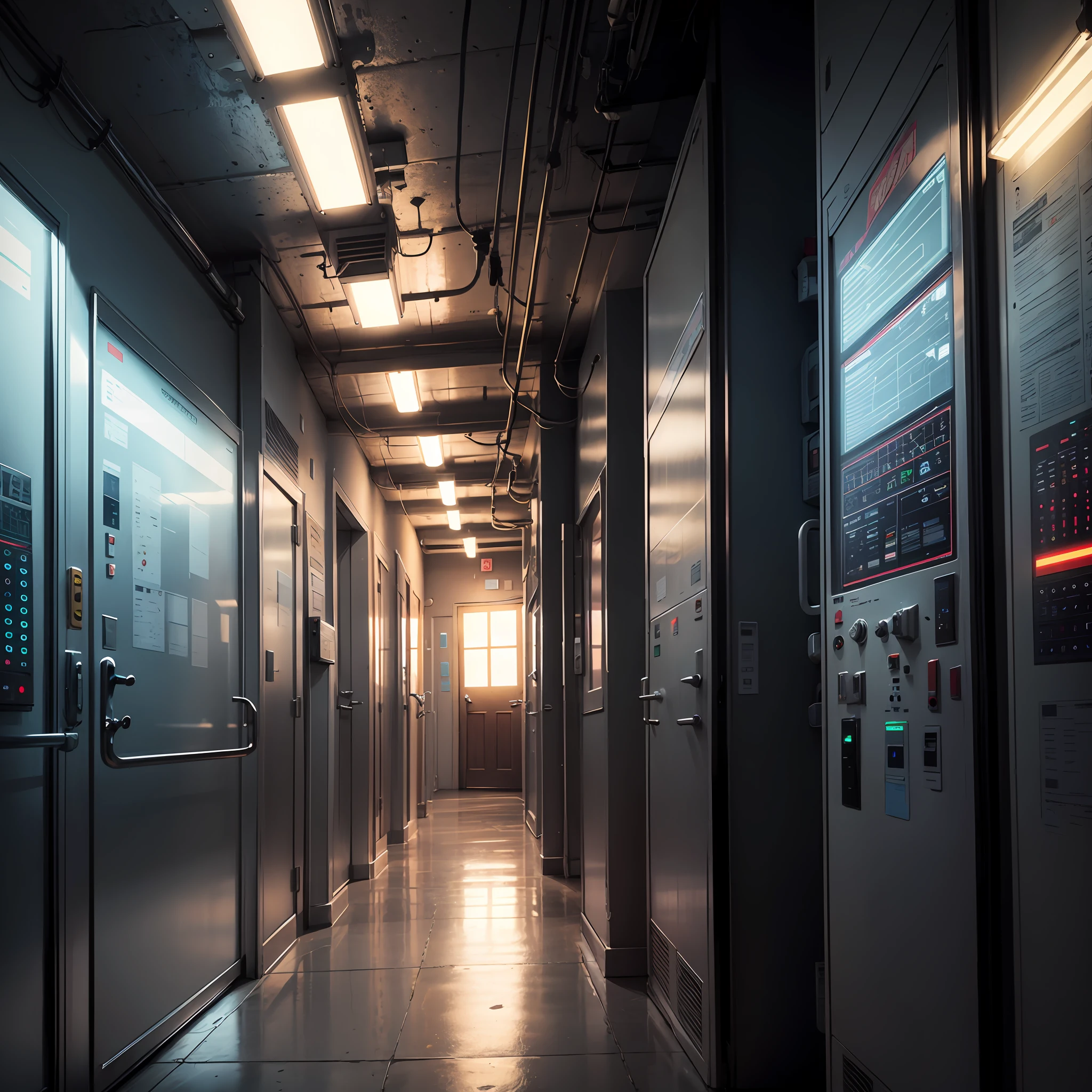 Empty hallway, dimly lit, luminous control panels Hitech scifi --auto