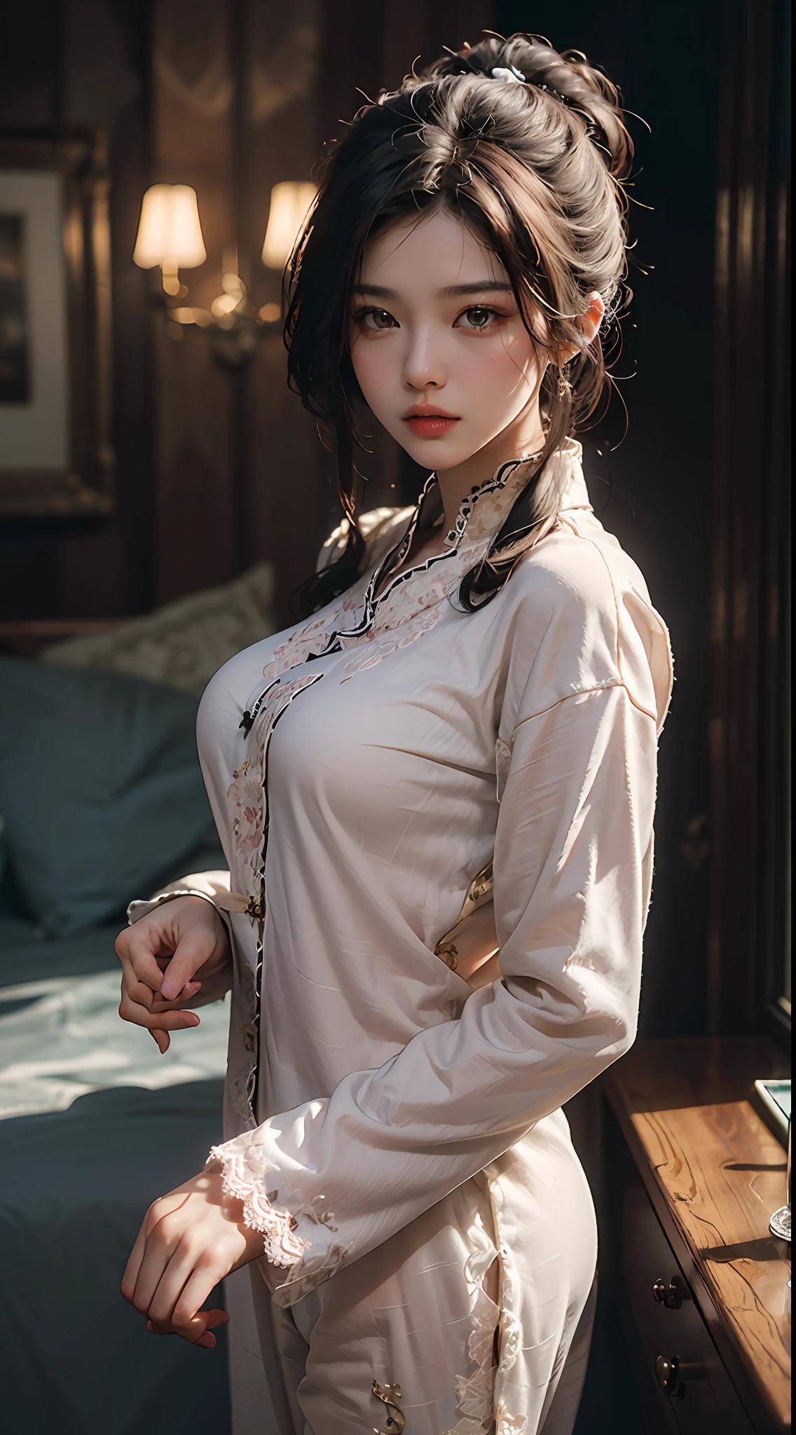 Best Quality, (RAW Photos: 1.2), (Masterpieces: 1.4), (Realistic: 1.4), (High Resolution: 1.4), Chinese actress Gulinazha, depth of field, intricate details, 8k, very detailed, perfect lighting, epic background, big bust 1.3, lace pajamas 1.3, lace pajamas 1.3