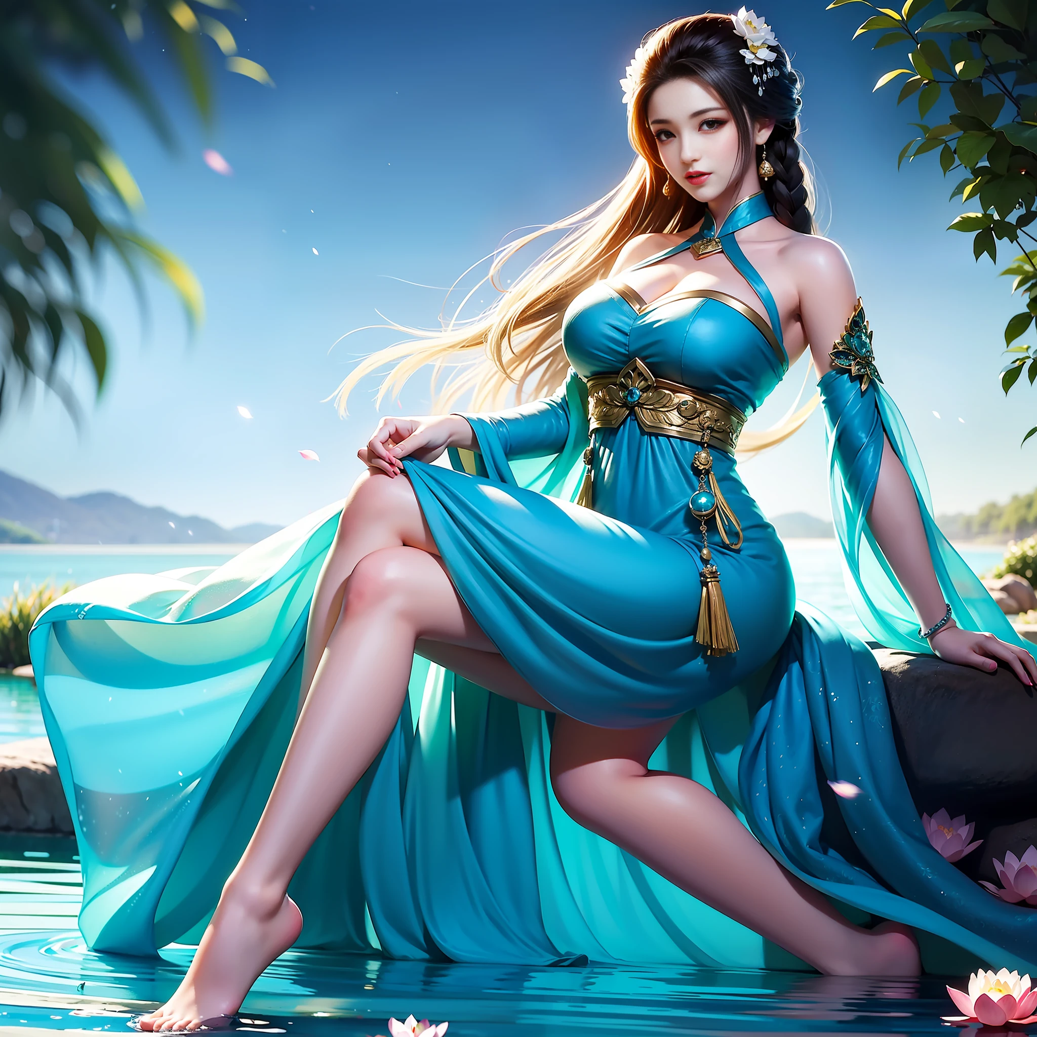 Sitting by a lake full of lotus flowers, feet playing in the water, the art depicts a charming woman with a melon face, dressed in a flowing, silky traditional oriental dress, long, aqua blue, decorated with intricate patterns and bright colors. Her dress drapes elegantly over her curvy figure, accentuating her seductive silhouette. She sits gracefully by the tranquil lotus lake, her feet playing in the water, bathed in the soft glow of the moonlight. The scene exudes an ethereal and dreamy atmosphere, with a touch of mystery and sexiness. The graphic style blends watercolor and digital illustration techniques to evoke a refined beauty and charm. The lights are filled with soft moonlight, casting soft highlights and shadows on her charming features. Bare thighs, big breasts, three-dimensional facial features, sitting, upturned legs, side braids