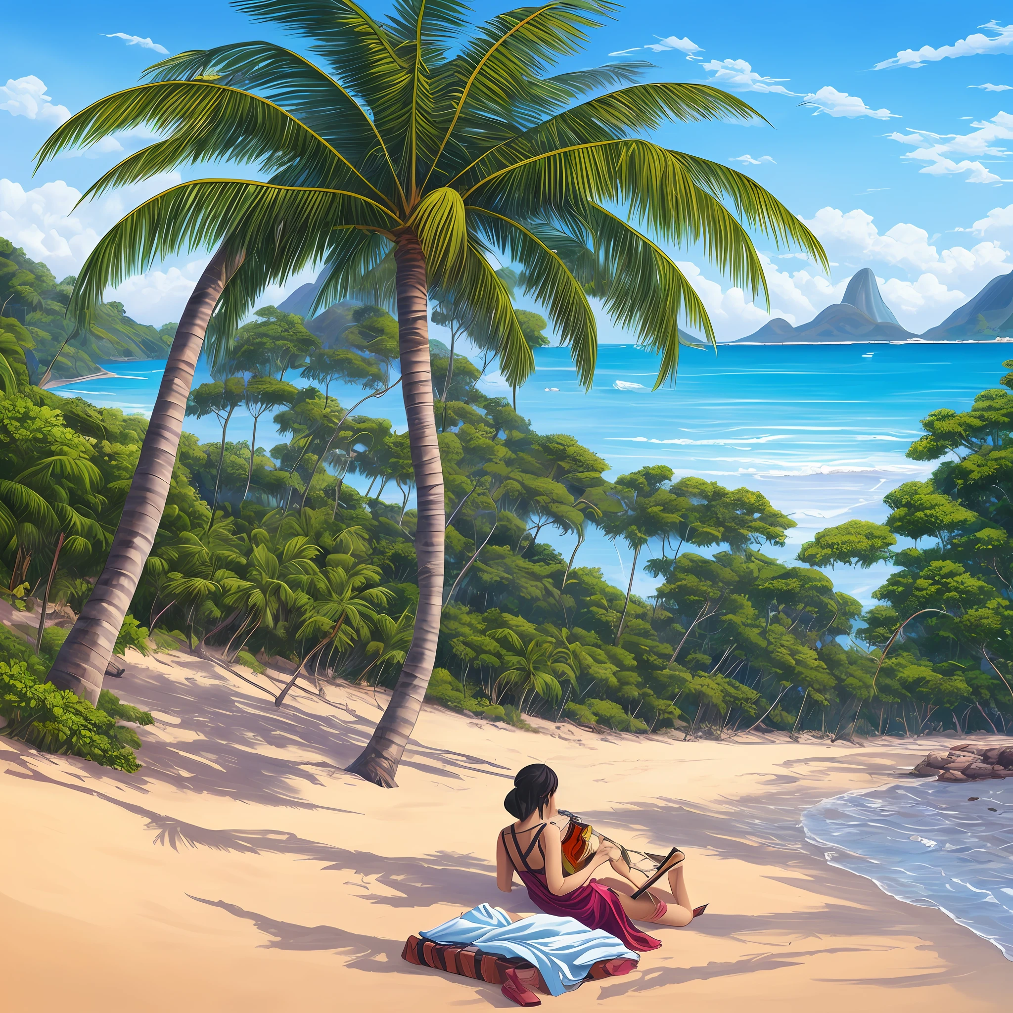 There is a painting of a beach in Rio de Janeiro, Brazil, with palm trees and a towel, paradisiacal tropical beach, Ross Tran. Scenic background, painted in Anime Painter Studio, tropical beach, relaxing concept art, highly detailed digital painting, anime background art, high quality 8k detailed art, beautiful digital painting, background art, ambient painting, detailed bass. digital painting, made with anime painter's studio --auto