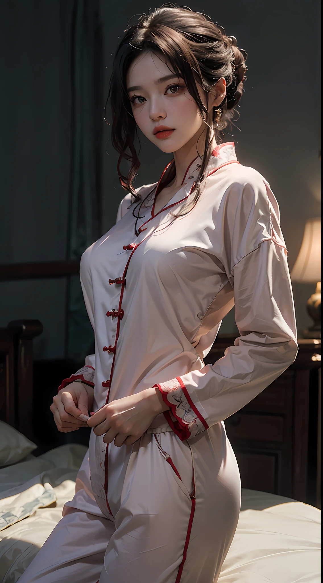 Best Quality, (RAW Photos: 1.2), (Masterpiece: 1.4), (Realistic: 1.4), (High Resolution: 1.4), Chinese Actress Gulinazha, Depth of field, Intricate Details, 8k, Very Detailed, Perfect Lighting, Epic Background, Big Bust 1.3, Erotic Pajamas 1.3