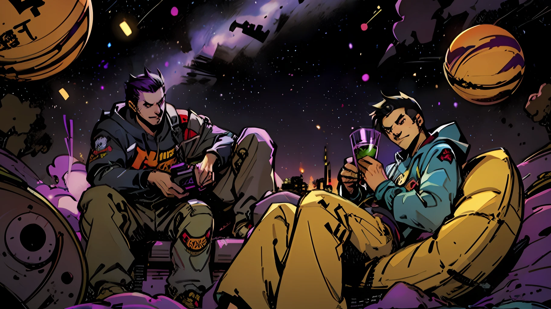 arafed drawing of two teenage boys holding semi-automatic weapons, smoking, floating in space,cartoon art style, resting after a hard fight, graffiti style, anime style", tired and drunk, sketchy, purple universe, purple drink cup, hip hop style, smug smile, mean look, planets, stars, smoke, best quality --auto