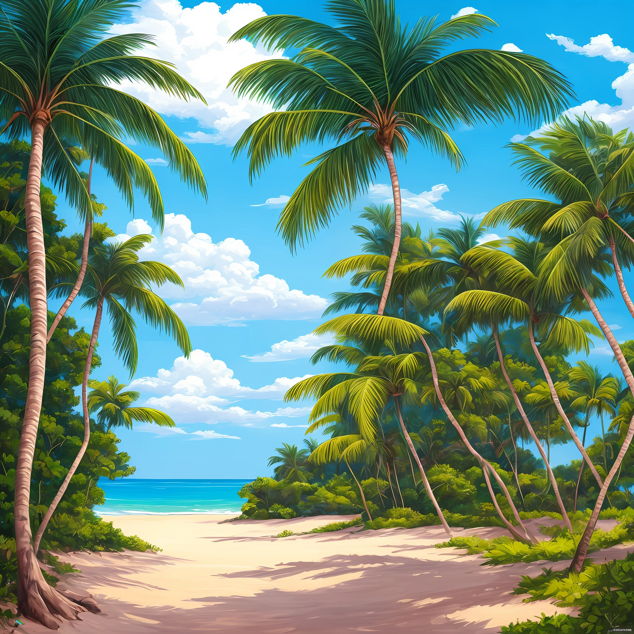 There is a painting of a beach in Rio de Janeiro, Brazil, with palm trees and a towel, paradisiacal tropical beach, Ross Tran. Scenic background, painted in Anime Painter Studio, tropical beach, relaxing concept art, highly detailed digital painting, anime background art, high quality 8k detailed art, beautiful digital painting, background art, ambient painting, detailed bass. digital painting, made with anime painter's studio --auto