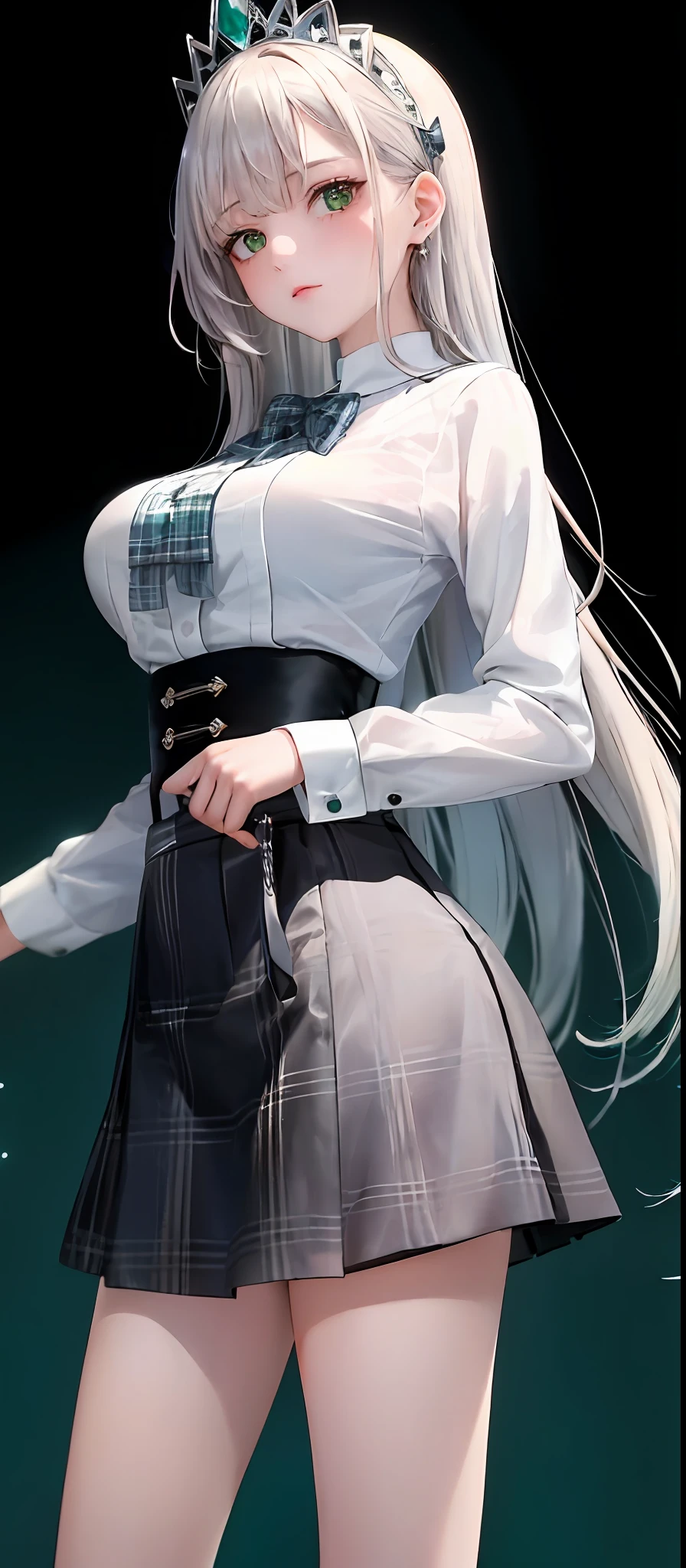 1girl, (masterpiece:1.1), (best quality:1.1), (white blouse:1.1), (plaid skirt:1.1), JK group, high waisted skirt, black silk, break [blue:pink:0.5] theme, (gradient background:1.1), cowboy shot, break silver, long hair, green eyes, delicate headdress, Look to the side, long legs, , thin waist, perfect body, high quality, super high picture quality, perfect details