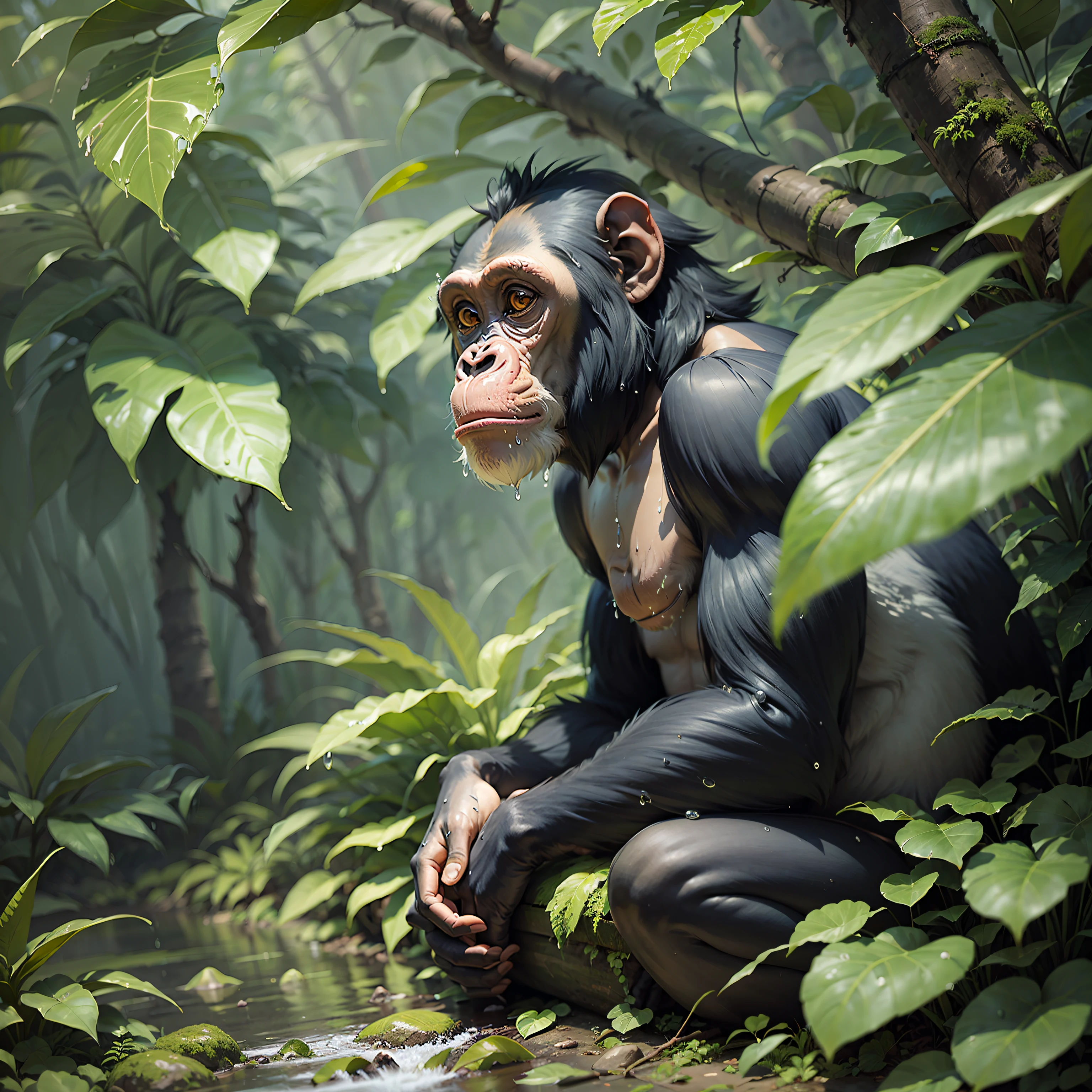 painted chimpanzee, meditating in the jungle, dense foliage, wet foliage