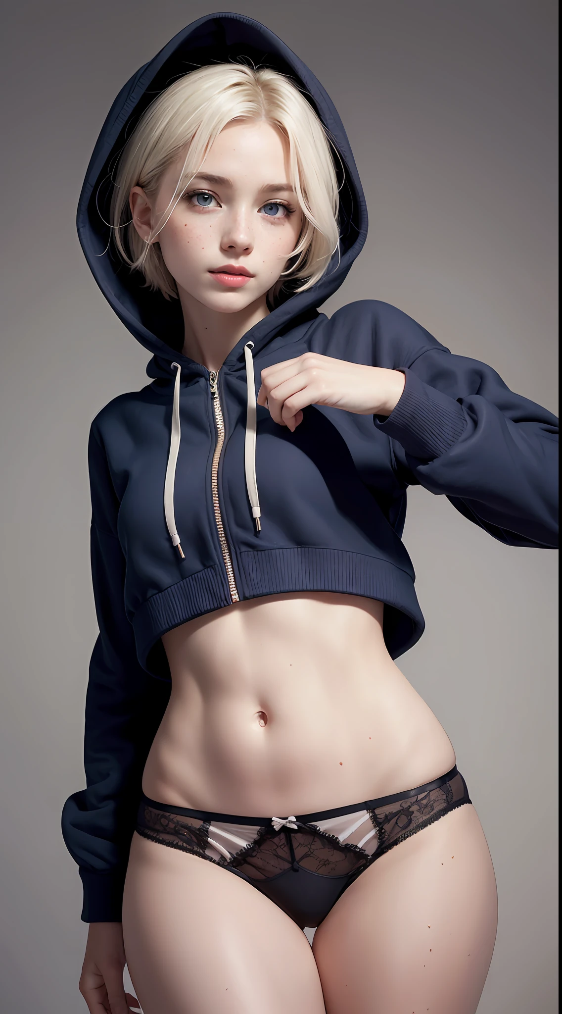 raw photo, intricate details, textured skin, dynamic pose, (shot from below):1, 1girl, pale skin, beautiful, innocent, Russian, white short messy hair, bright blue eyes, panties, freckles, smirk, black oversized hoody, small waist, (wide thigh gap):1.2, gray gradient background, best quality, 16k, masterpiece