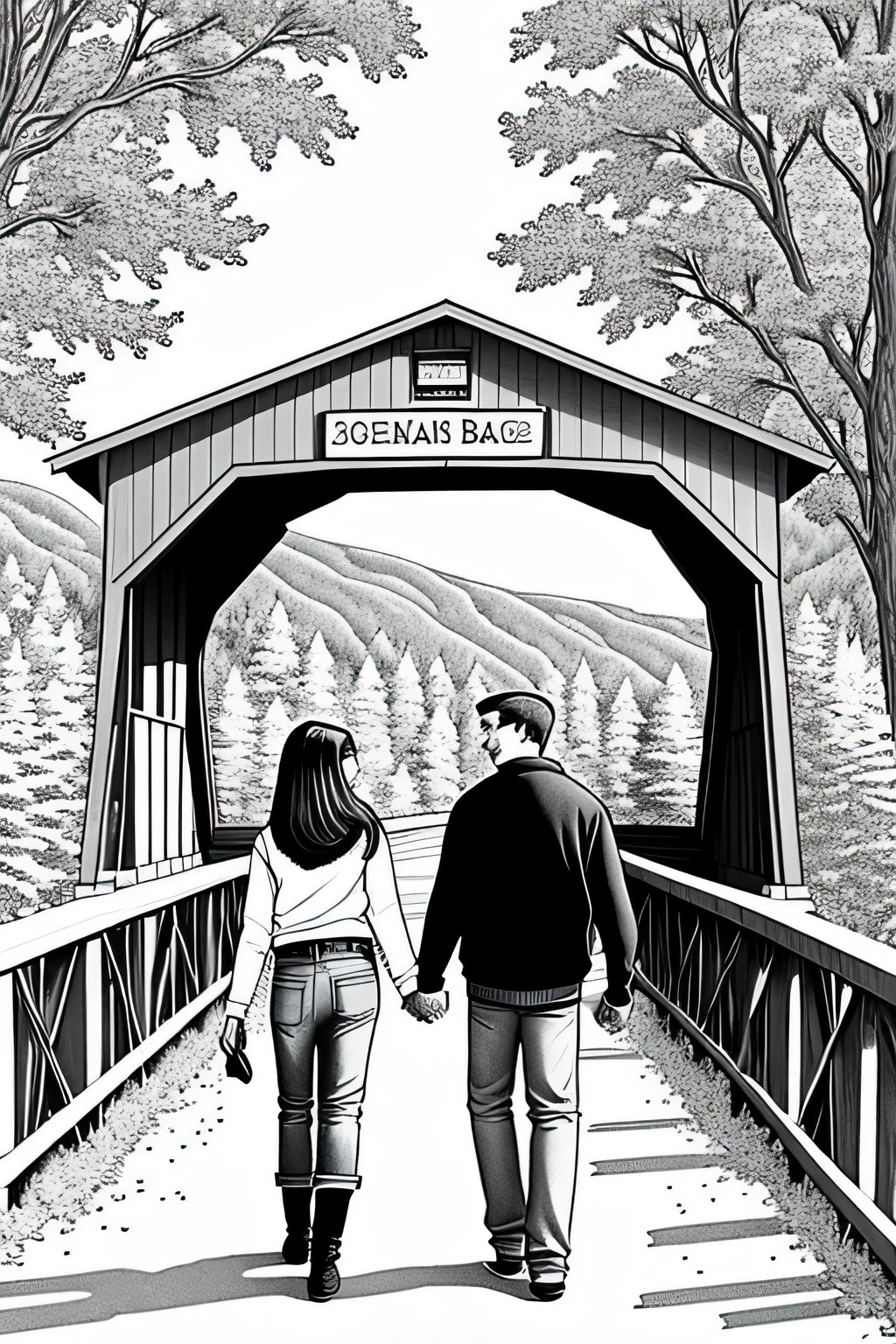 "Romantic couple walking hand in hand through a scenic covered bridge, surrounded by idyllic hills in a vibrant coloring page illustration by renowned artist John Sloane."