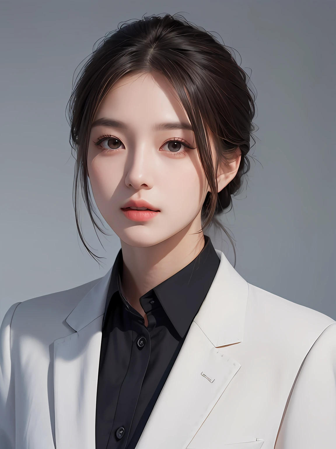 8k, shiny sunshine, hair tied up, professional photography, attractive face,top quality, beautiful lips, very delicate and beautiful, top quality, masterpiece, ultra high resolution, (photorealistic: 1.5), raw photo, 1 girl, collared suit, deep shadow, discreet, cold light, sexy appearance,