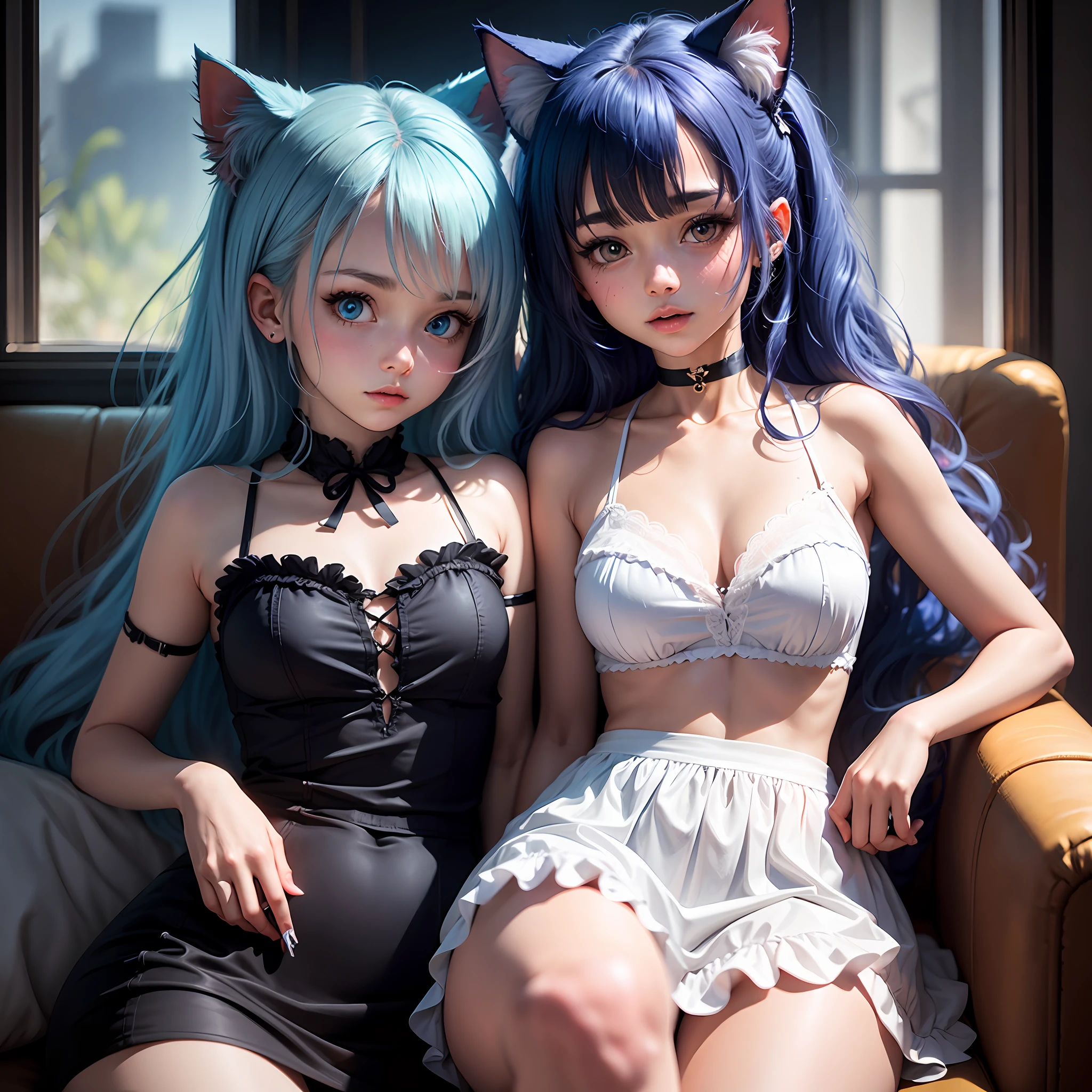 ta, girly, cat ears, blue hair, cute, glowing eyes --auto