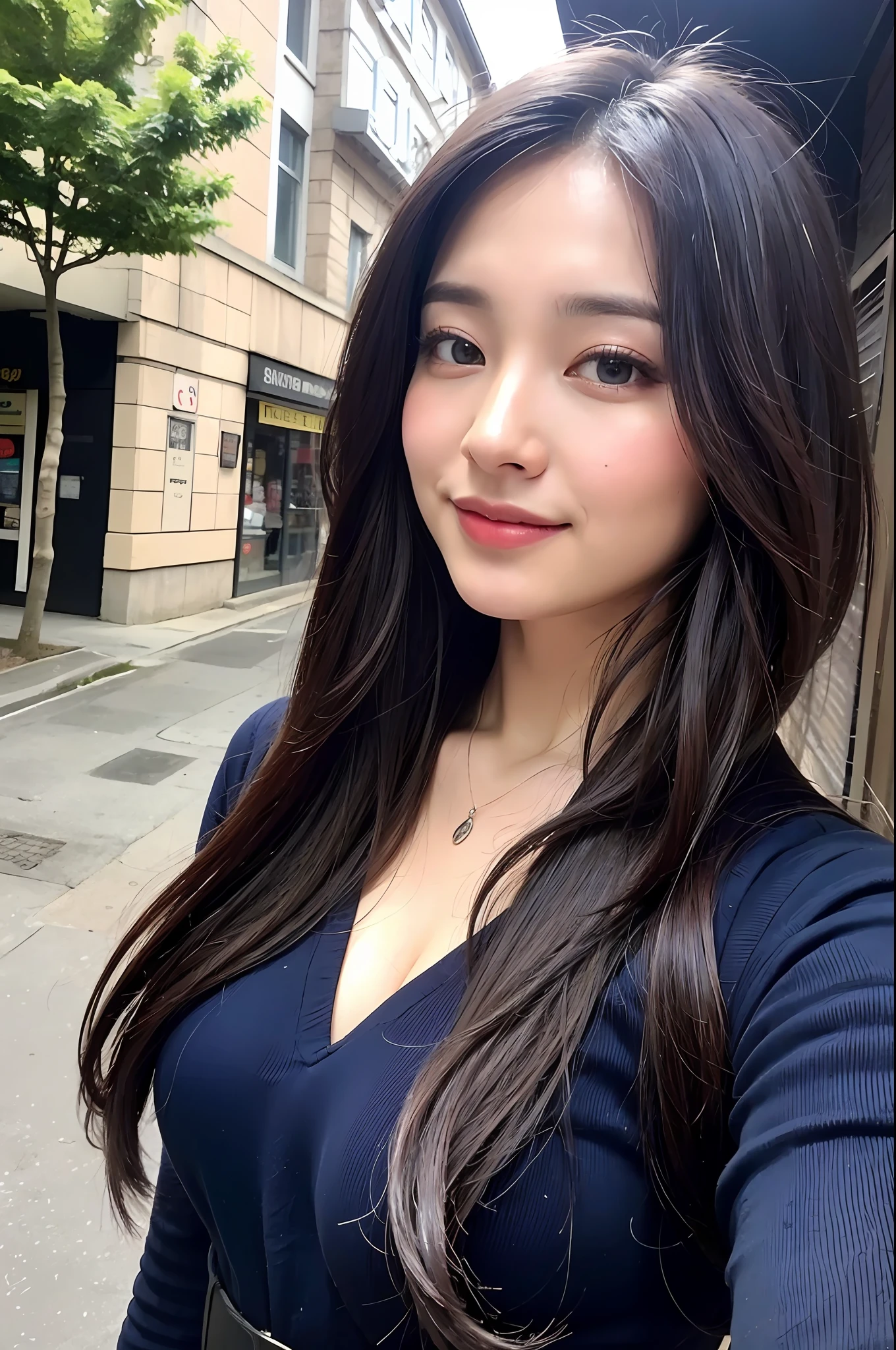 ((Top Quality, 8k, Masterpiece: 1.3)), 1 Girl, Smile, Slim Face, Pretty Woman, (Dark Blue Hair), Full Length Dress: 1.1, Ultra Detailed Face, Detailed Eyes, Double Eyelids, Blurred Background, Slim Face, City, Outside, Street, Korean Women, Curly Hair, Layer Cut, Long Hair