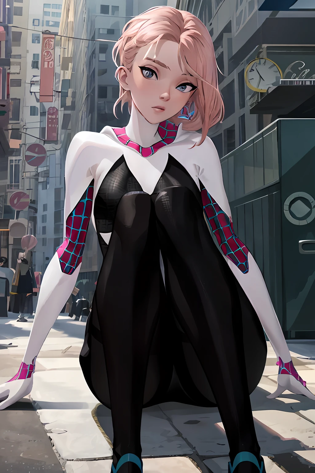 best quality,game cg,1girl, masterpiece, best quality, 8k, detailed skin texture, detailed cloth texture, beautiful detailed face, intricate details, ultra detailed, audrey hepburn, Spider-Man uniform, straight red hair, (Half body:1.2)