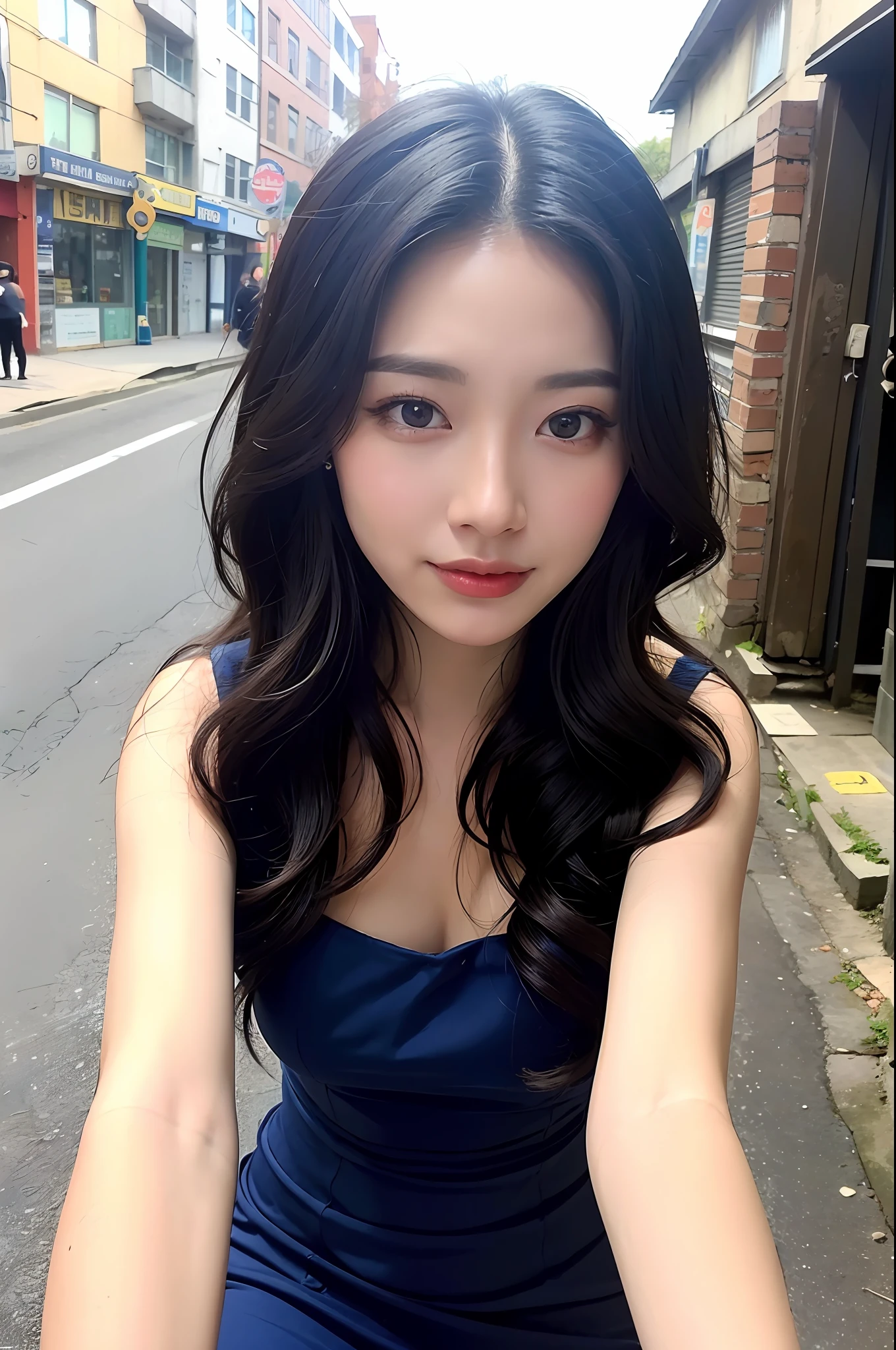 ((Top Quality, 8k, Masterpiece: 1.3)), 1 Girl, Smile, Slim Face, Pretty Woman, (Dark Blue Hair), Full Length Dress: 1.1, Ultra Detailed Face, Detailed Eyes, Double Eyelids, Blurred Background, Slim Face, City, Outside, Street, Korean Women, Curly Hair, Layer Cut, Long Hair