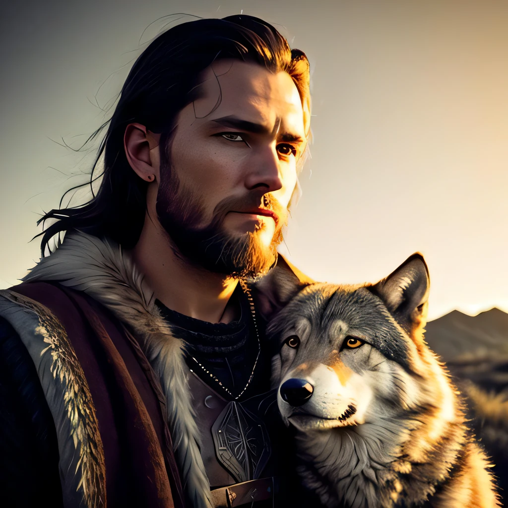 viking man and his wolf , natural skin texture, natural fur texture, 24mm, 4k textures, soft cinematic light, adobe lightroom, photolab, hdr, intricate, elegant, highly detailed, sharp focus, ((((cinematic look)))), soothing tones, insane details, intricate details, hyperdetailed, low contrast, soft cinematic light, dim colors, exposure blend, hdr, faded