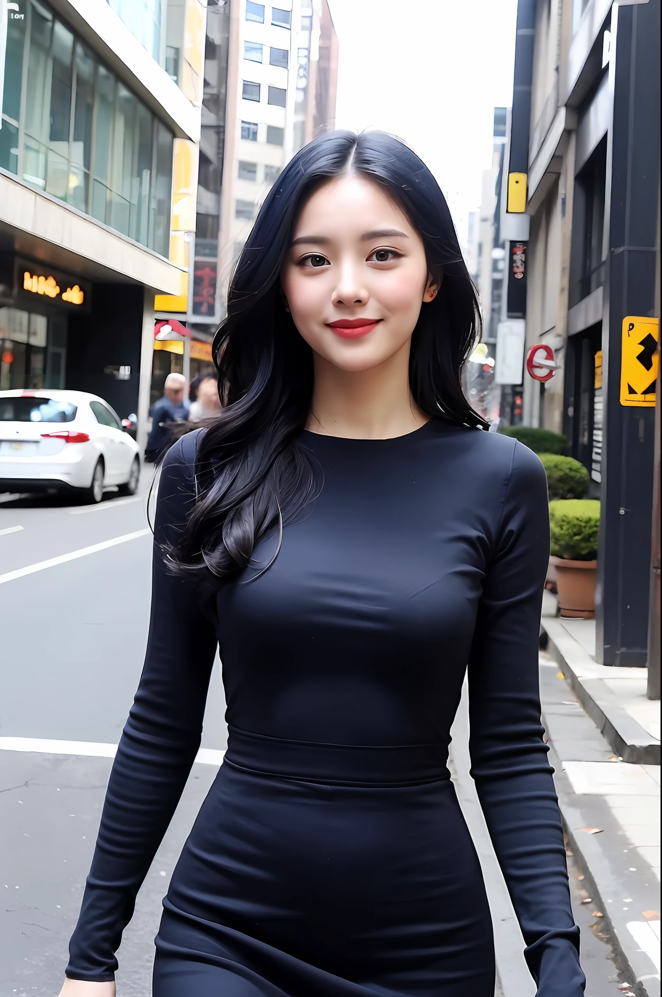 ((Top Quality, 8k, Masterpiece: 1.3)), 1 Girl, Smile, Slim Face, Pretty Woman, (Dark Blue Hair), Full Length Dress: 1.1, Ultra Detailed Face, Detailed Eyes, Double Eyelids, Blurred Background, Slim Face, City, Outside, Street, Korean Women, Curly Hair, Layer Cut, Long Hair