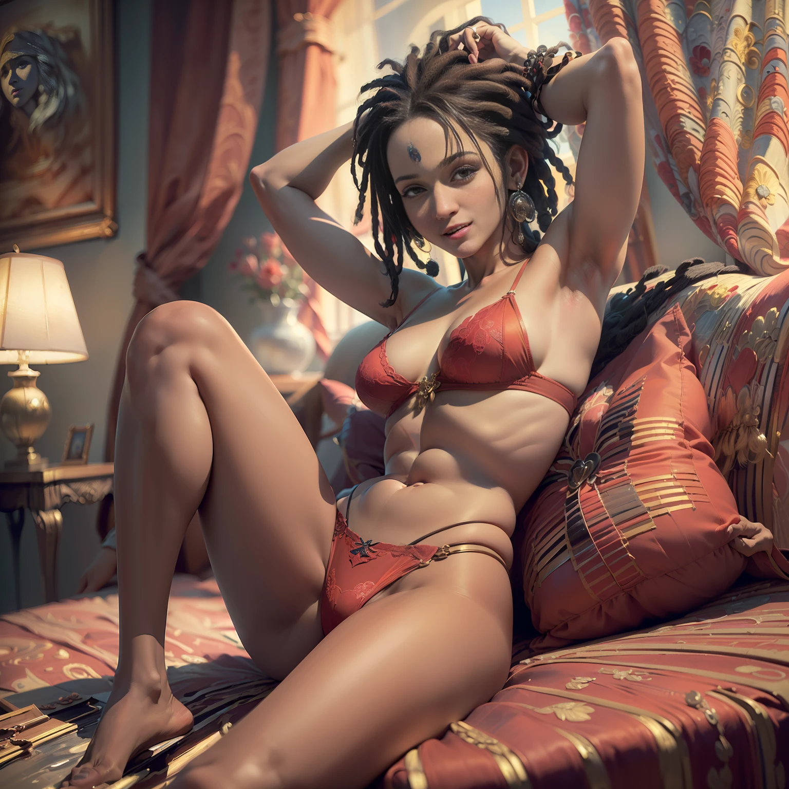 ( 
    (Character: one Artist and Diplomat man, 50 years old, Nigerian, big smile, black hair, dreadlocks:1.3, maga hair)
    (Clothing: red fine lingerie)
    (Pose: full body shot:1.7, sitting with legs open, arms raised above the head, in a seductive pose)
    (Background: luxury room:1.3, soft red color scheme) 
    (Style: ((masterpiece:1.5)), (face detailed), photo-realistic:1.3, hyperrealistic, film grain, realistic lighting, backlighting:1.3)
)