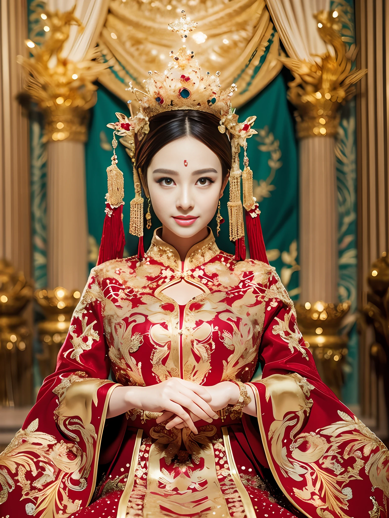 Best quality, masterpiece, detail, intricate detail, realistic cinematic lighting, (fantasy art: 1.6), (seiza: 1.1), (front: 1.2), upright, royal, majestic, queen, (huge and golden throne: 1.4), crown, close-up front, solemn, throne, upright posture, seriousness, dignity, gaze ahead, contemplation, jewelry, solo, divine ray, 1 woman, (gold and red dress), golden palace,