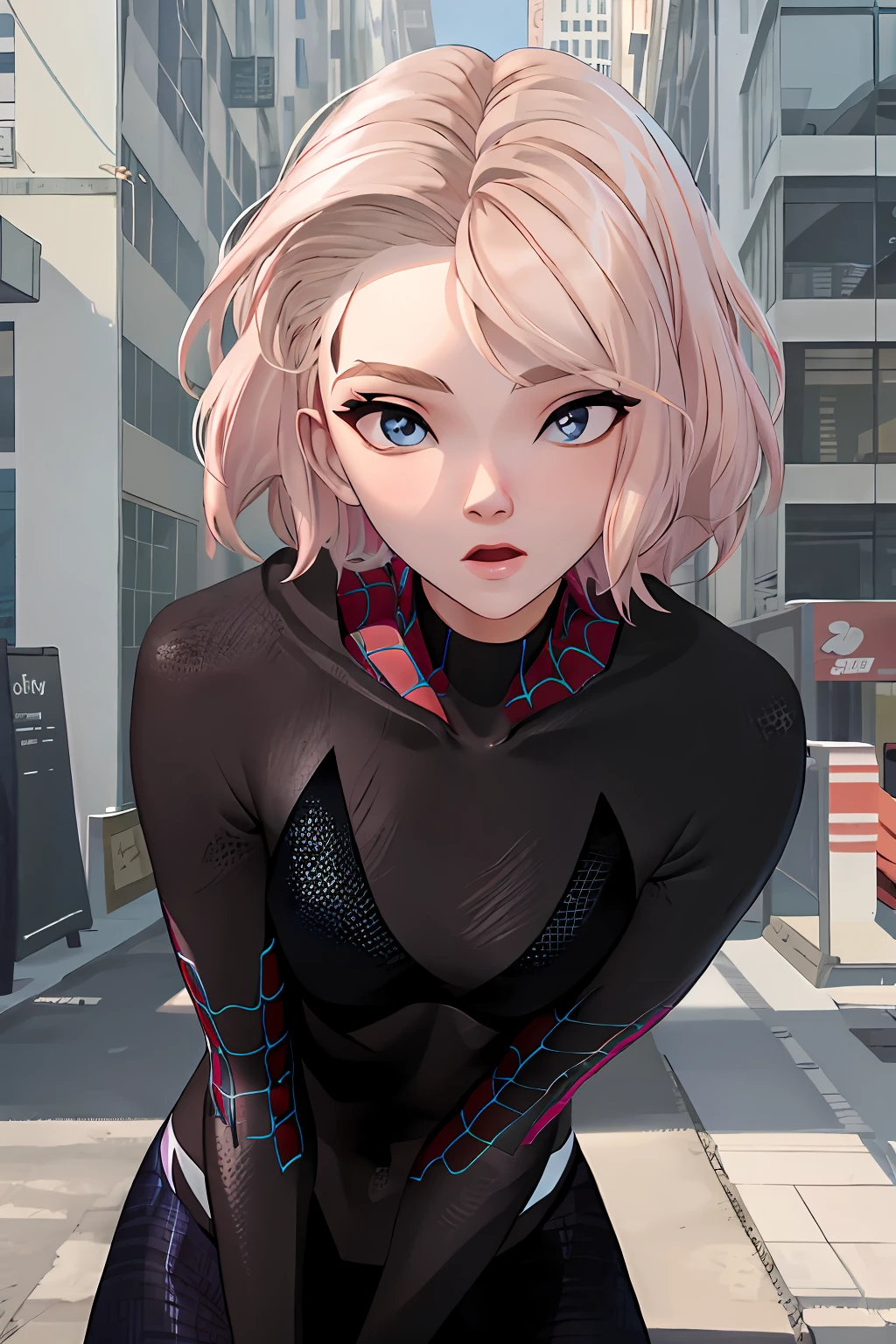 best quality,game cg,1girl, masterpiece, best quality, 8k, detailed skin texture, detailed cloth texture, beautiful detailed face, intricate details, ultra detailed, audrey hepburn, Spider-Man uniform, straight red hair, (Half body:1.2)
