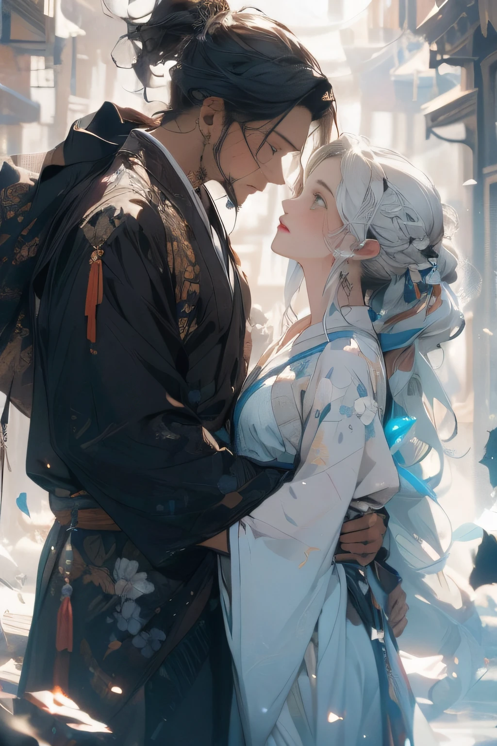 Realistic, (masterpiece, top quality, best quality, official art), very detailed, colorful, most detailed, gods, (two, 1 man, 1 woman), long hair, ponytail, brunette man, handsome man, white hanfu, pectorals, abs, black robe, white hair woman, white long hair, sexy woman, movie lights, dynamic perspective, magic, white glowing skin,