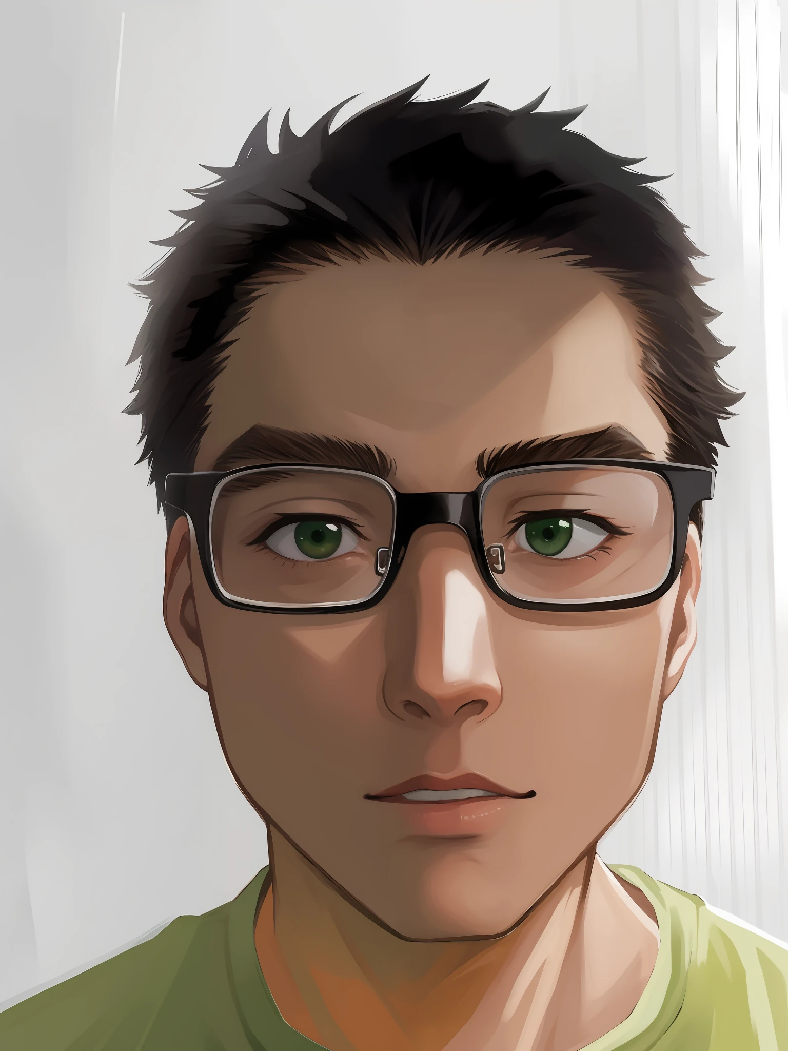 There was a man with glasses and a green shirt posing for a photo, aged 2 8, 2 7, 2 9, wearing glasses and black-framed glasses